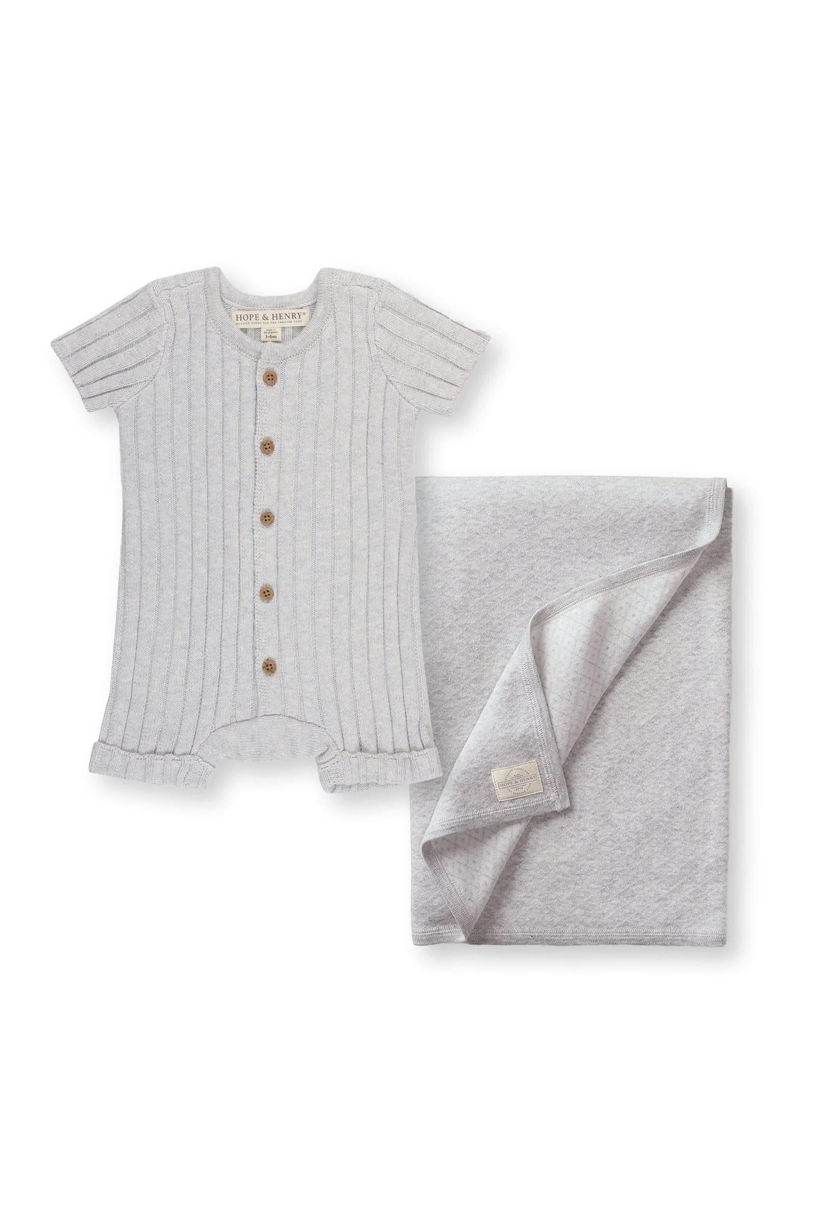 Organic Cotton Shortie Romper & Jacquard Blanket Gift Set, Lite Grey, Newborn