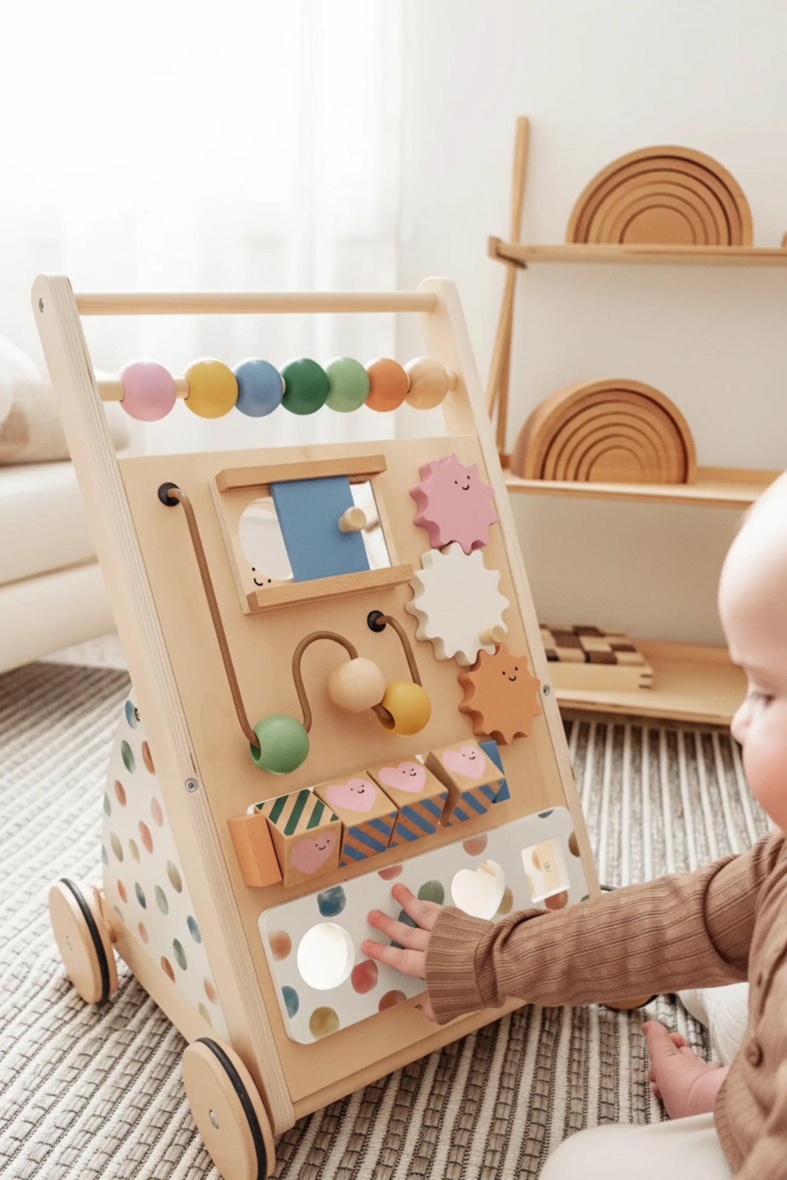 Versatile Natural Wooden Baby Walker, Montessori Development Toy, Toddlers