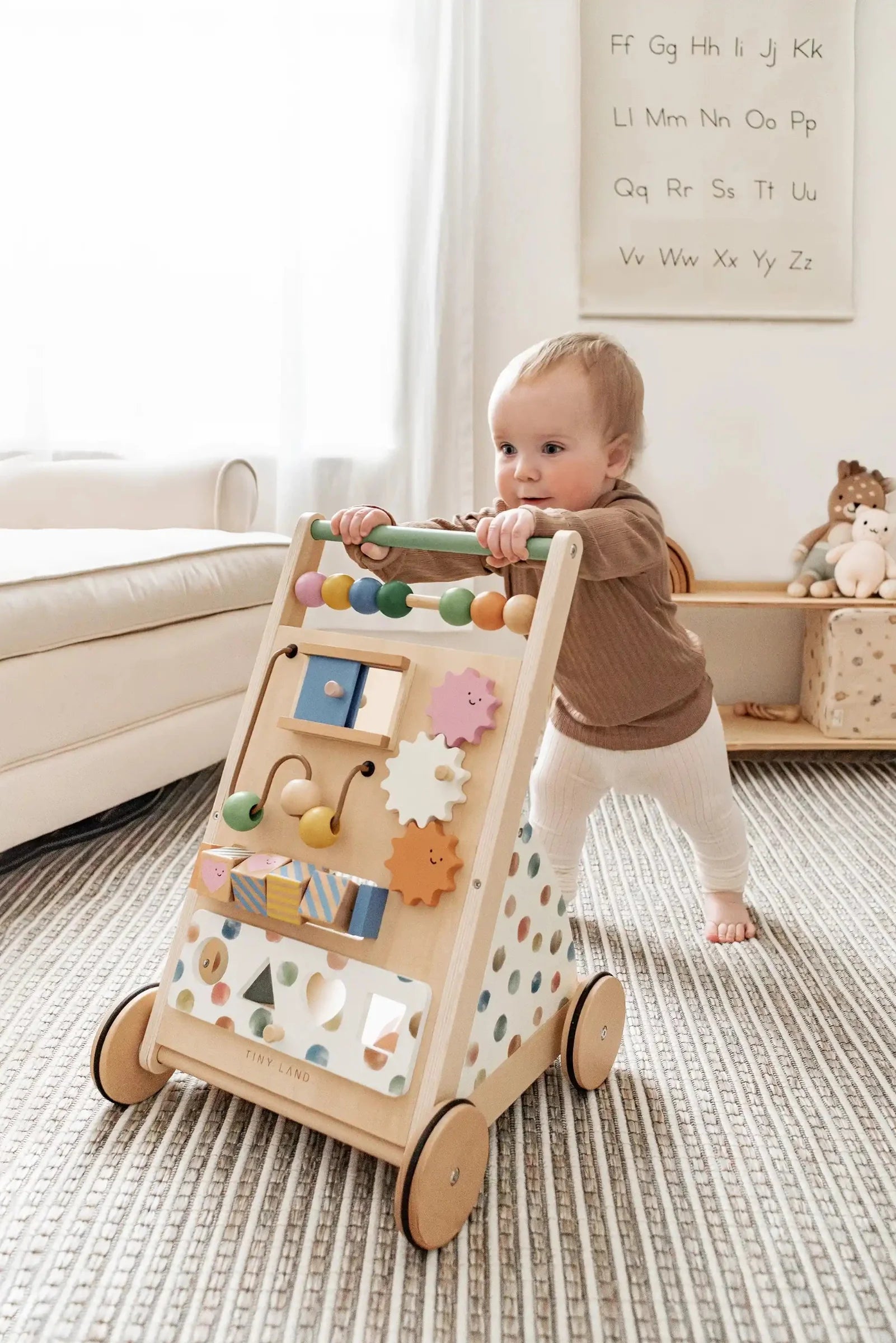 Versatile Natural Wooden Baby Walker, Montessori Development Toy, Toddlers
