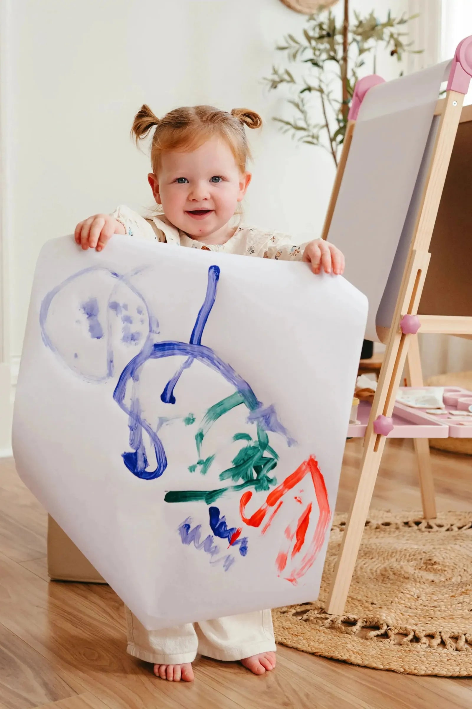 Pink Adjustable Art Easel for Kids, Magnetic Chalkboard, Whiteboard + 3 Paper Rolls