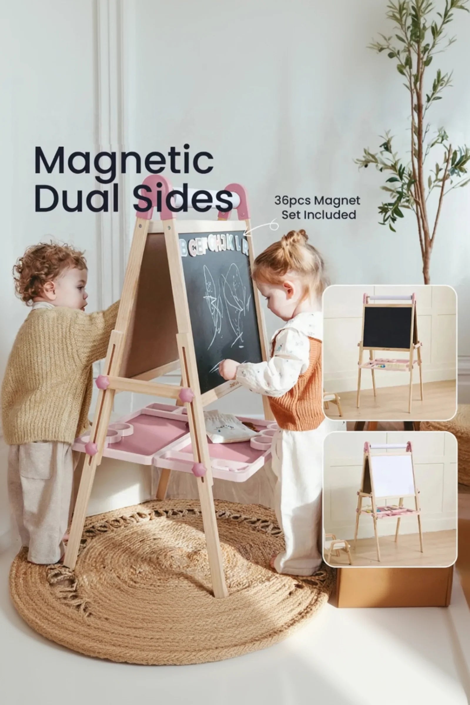 Pink Adjustable Art Easel for Kids, Magnetic Chalkboard, Whiteboard + 3 Paper Rolls