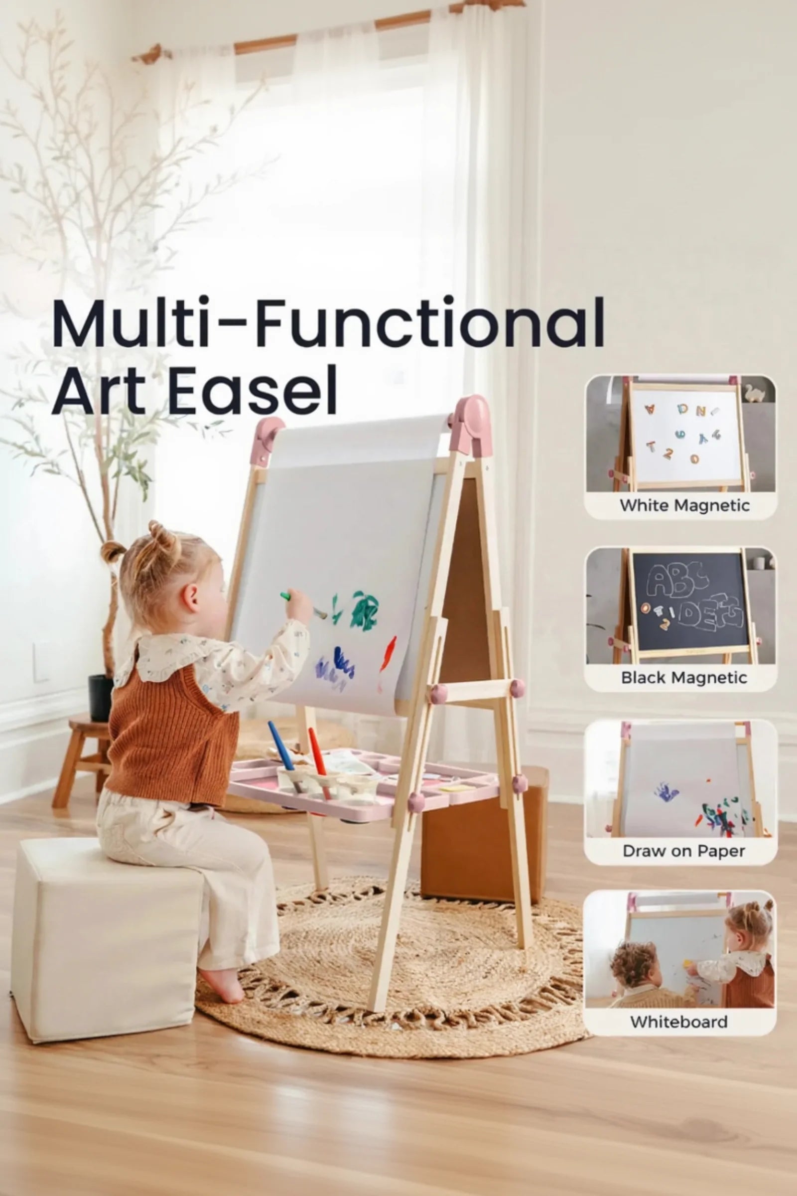 Pink Adjustable Art Easel for Kids, Magnetic Chalkboard, Whiteboard