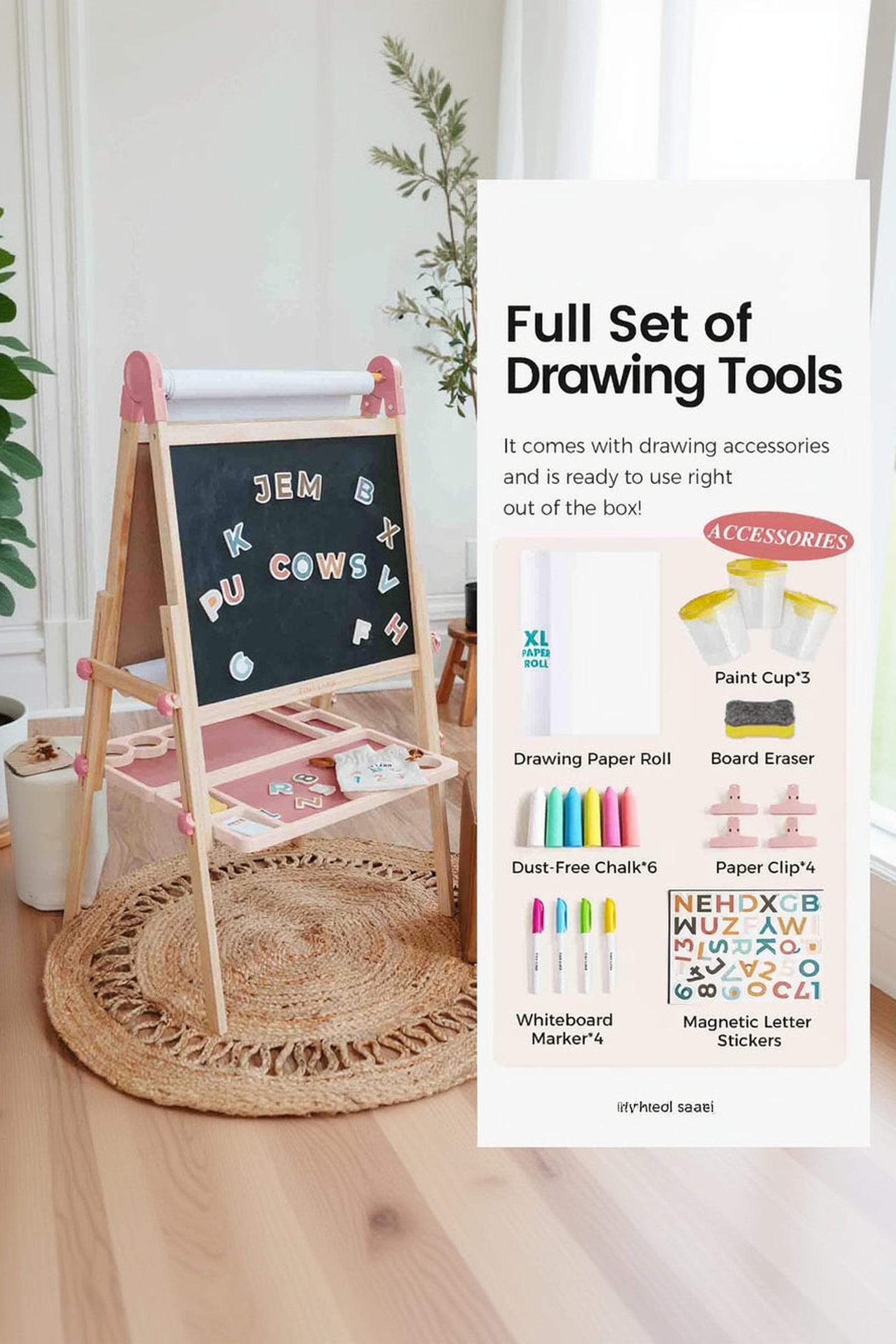 Pink Adjustable Art Easel for Kids, Magnetic Chalkboard, Whiteboard