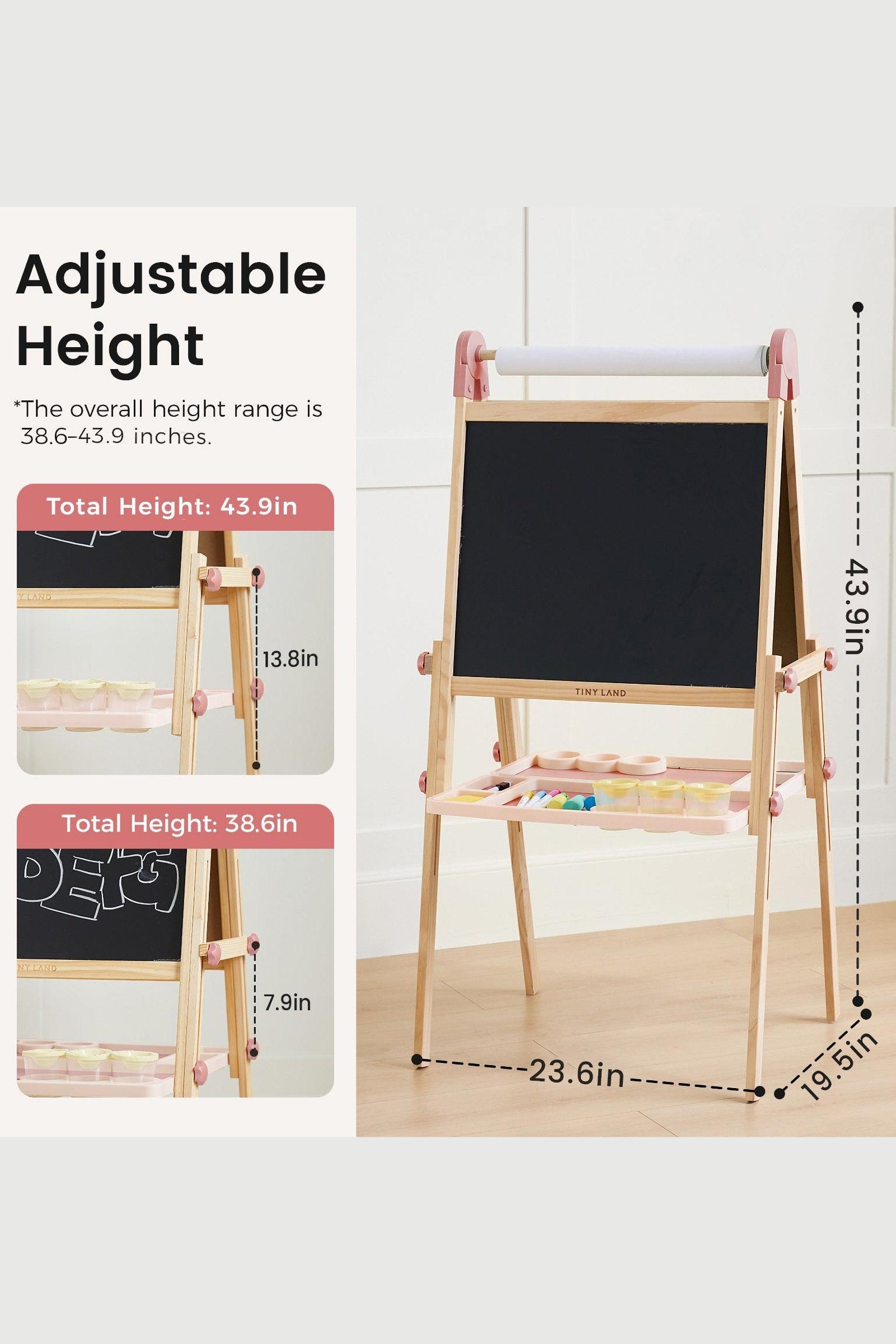 Pink Adjustable Art Easel for Kids, Magnetic Chalkboard, Whiteboard + 3 Paper Rolls