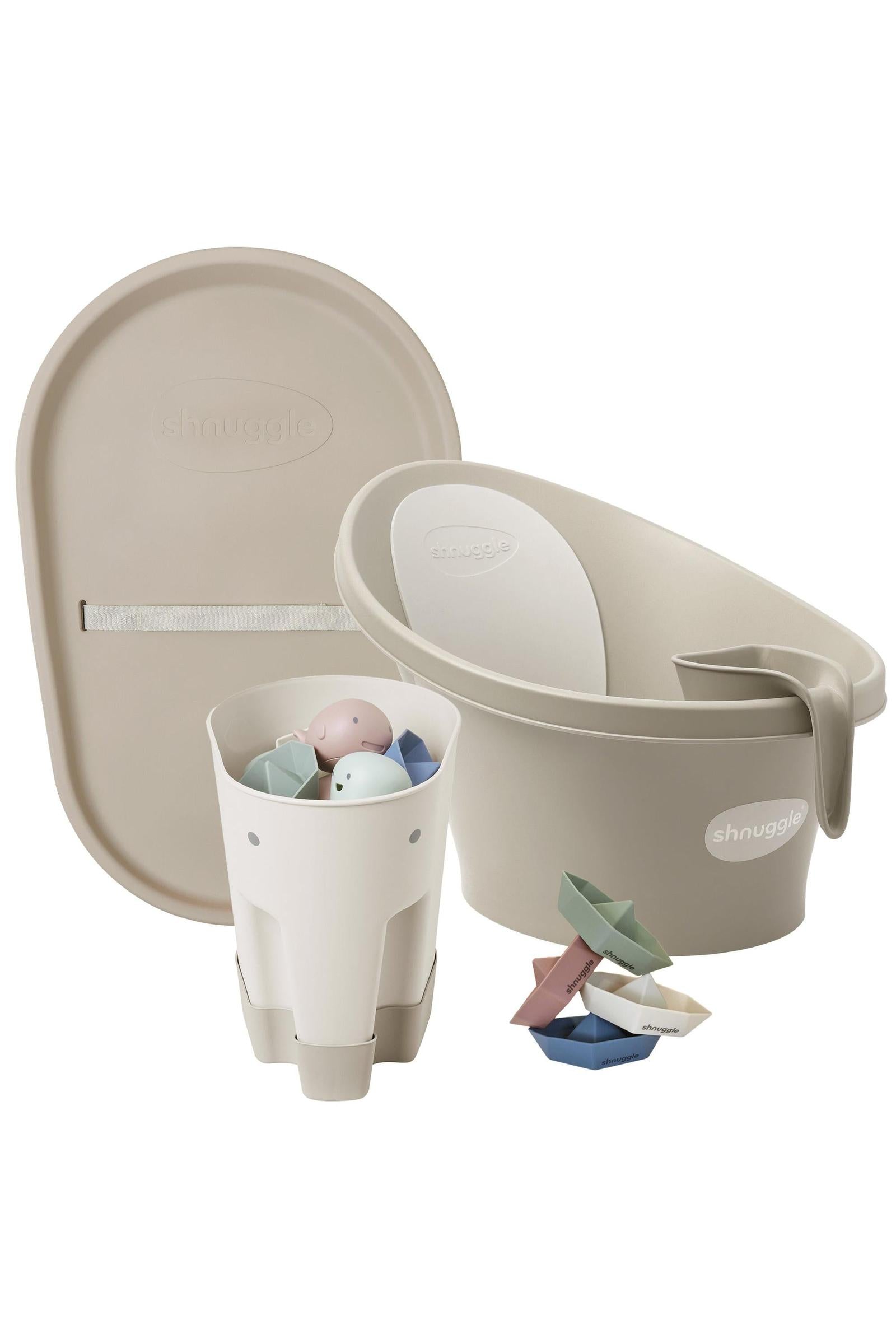 Shnuggle Bathtime Essentials Bundle, Newborn Baby Bath, Rinse Jug, Squishy Changing Mat - Taupe