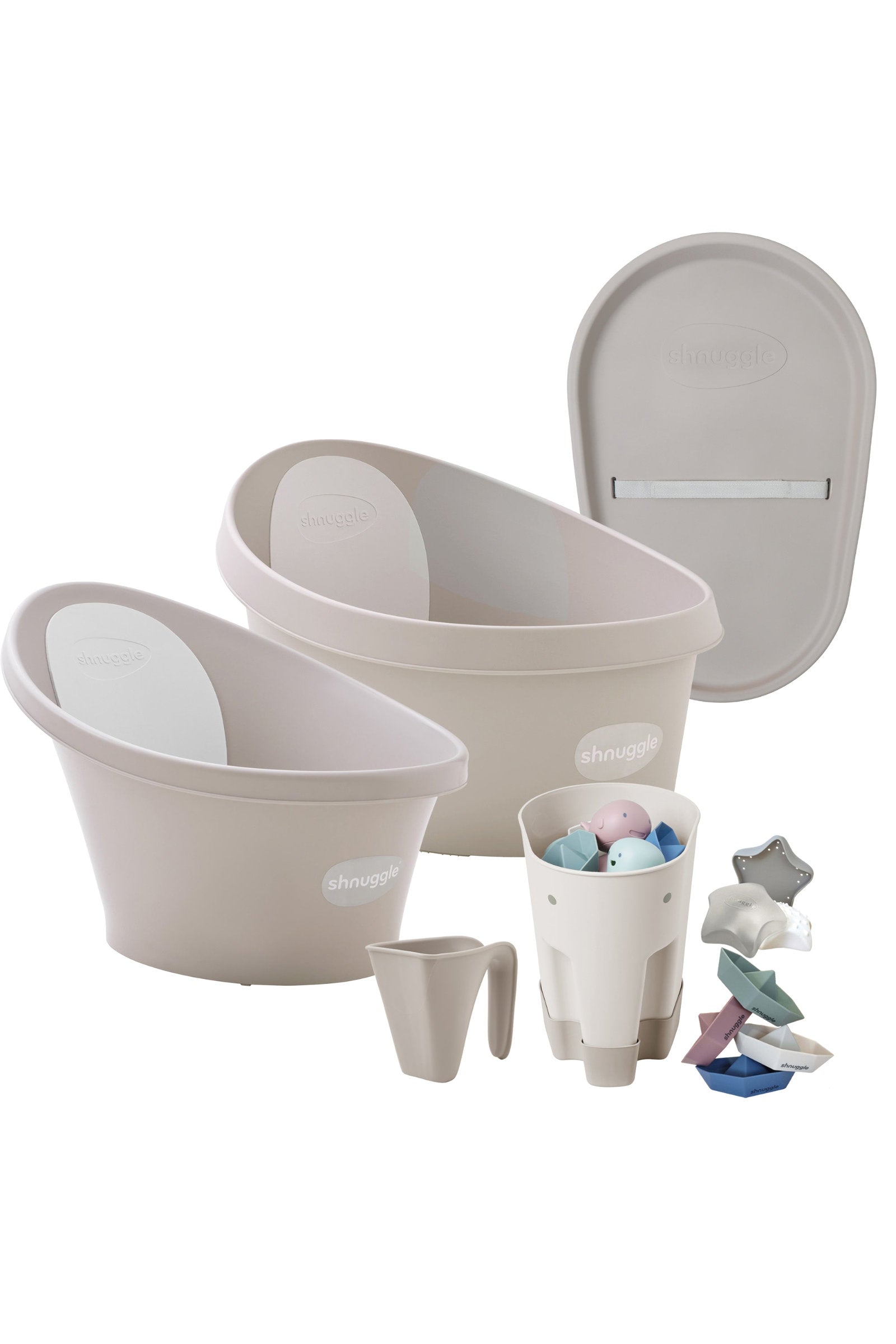 Shnuggle Growing Family Bath Time Bundle:  Baby & Toddler Baths + 7-Piece Set for Bath & Diaper Time
