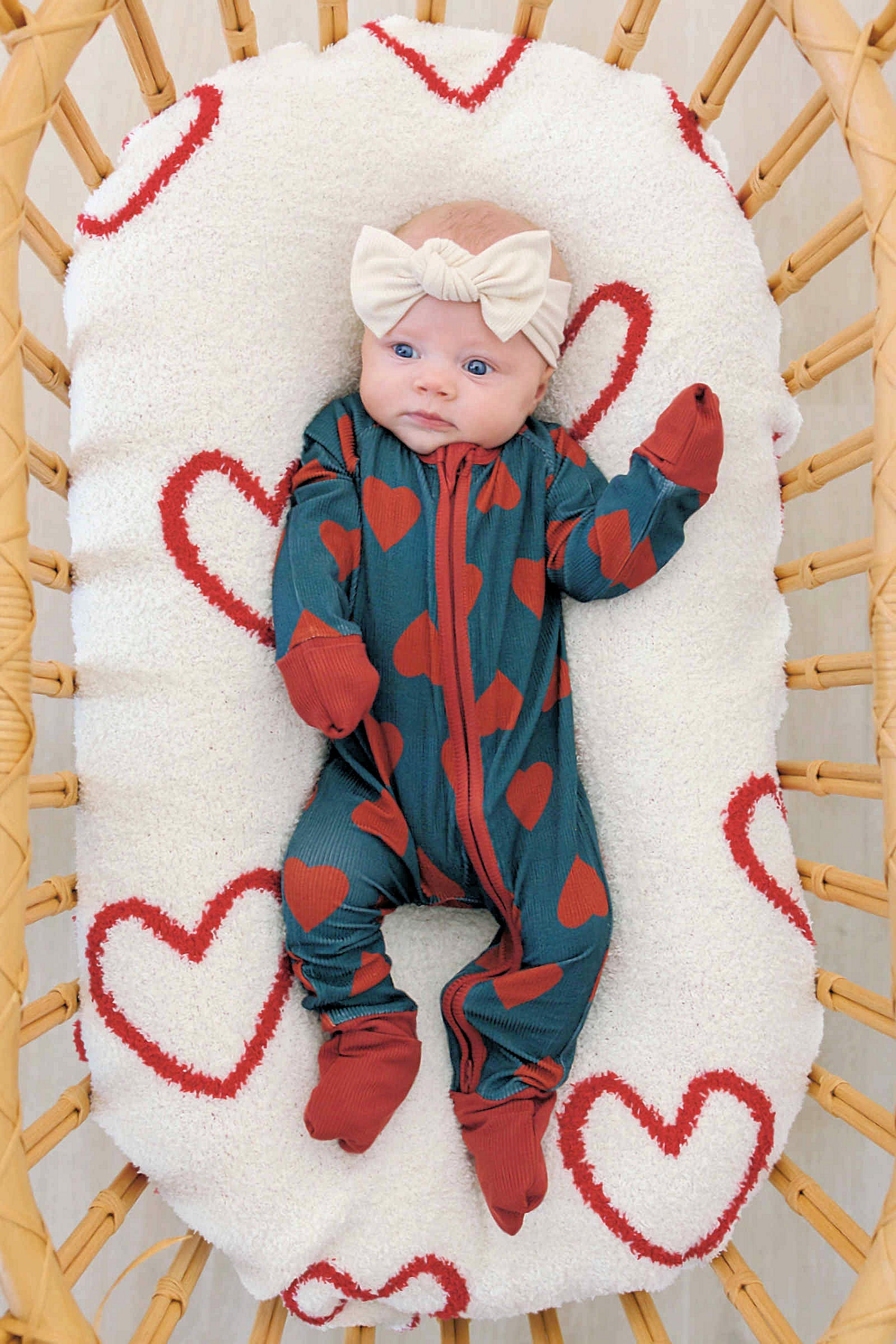 Navy + Red Hearts Ribbed Zipper Pajama, Bamboo, Baby Essentials