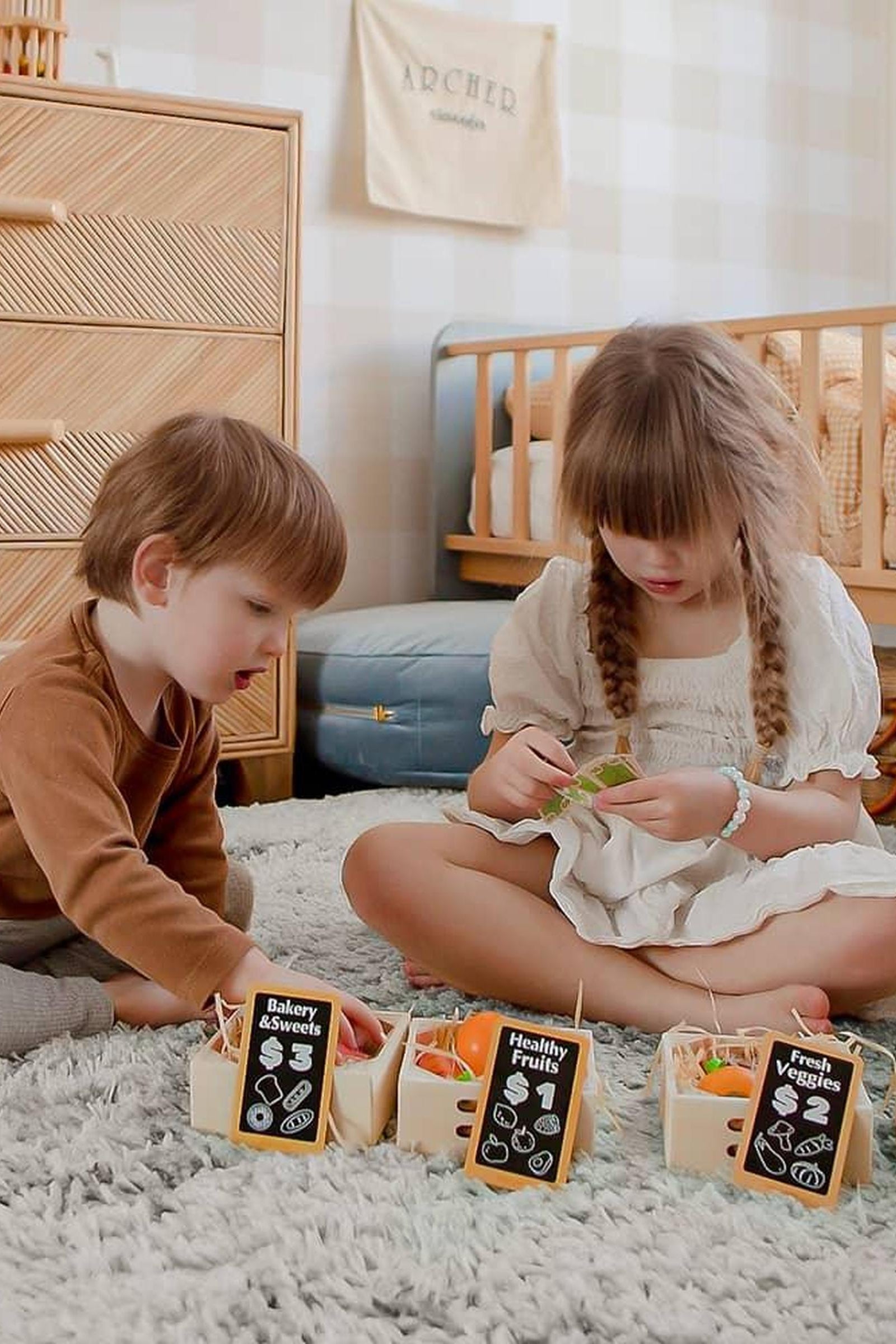 Wooden Play Kitchen Food Set with Shopping Accessories for Kids