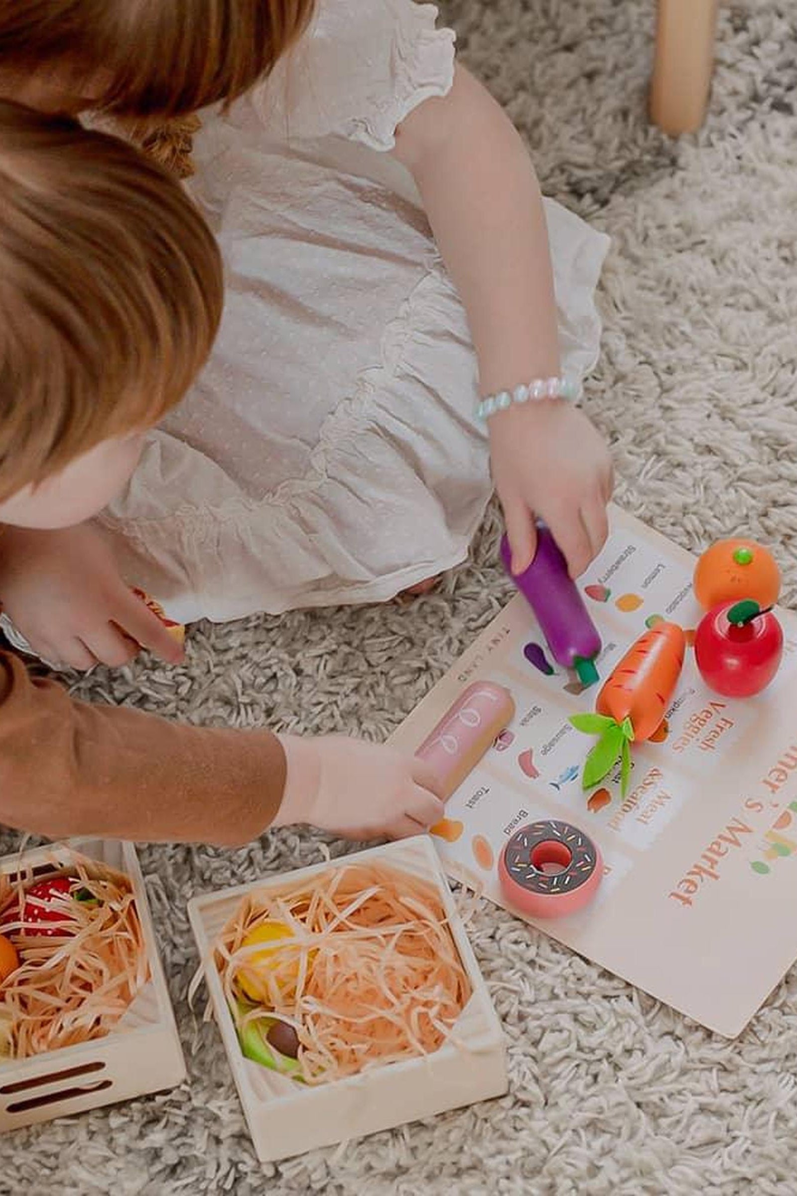Wooden Play Kitchen Food Set with Shopping Accessories for Kids