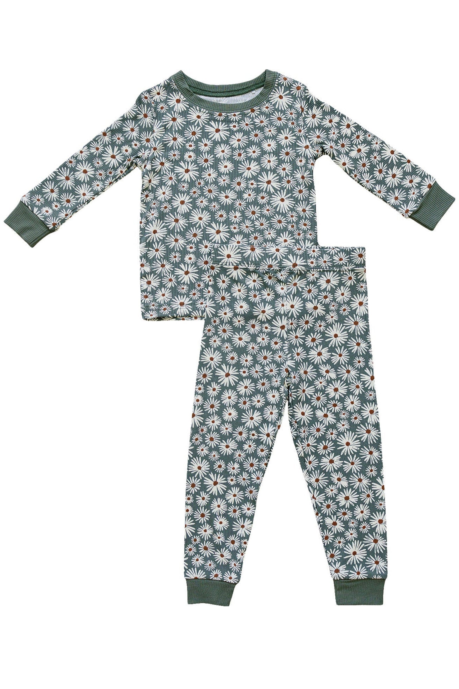 Dark Green Daisy Ribbed Cozy Pajama Set, Bamboo, Baby Essentials