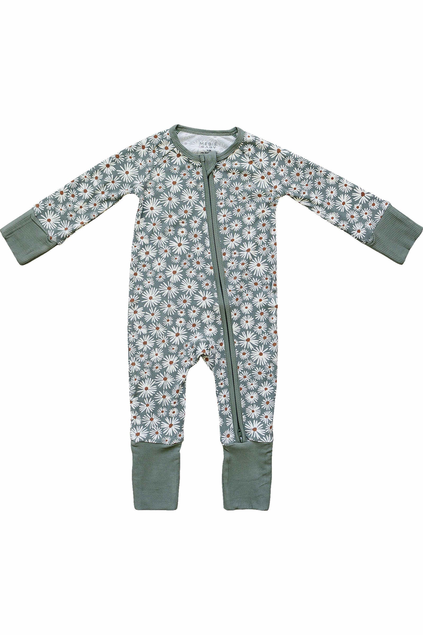 Dark Green Daisy Ribbed Zipper Pajama, Bamboo, Baby Essentials