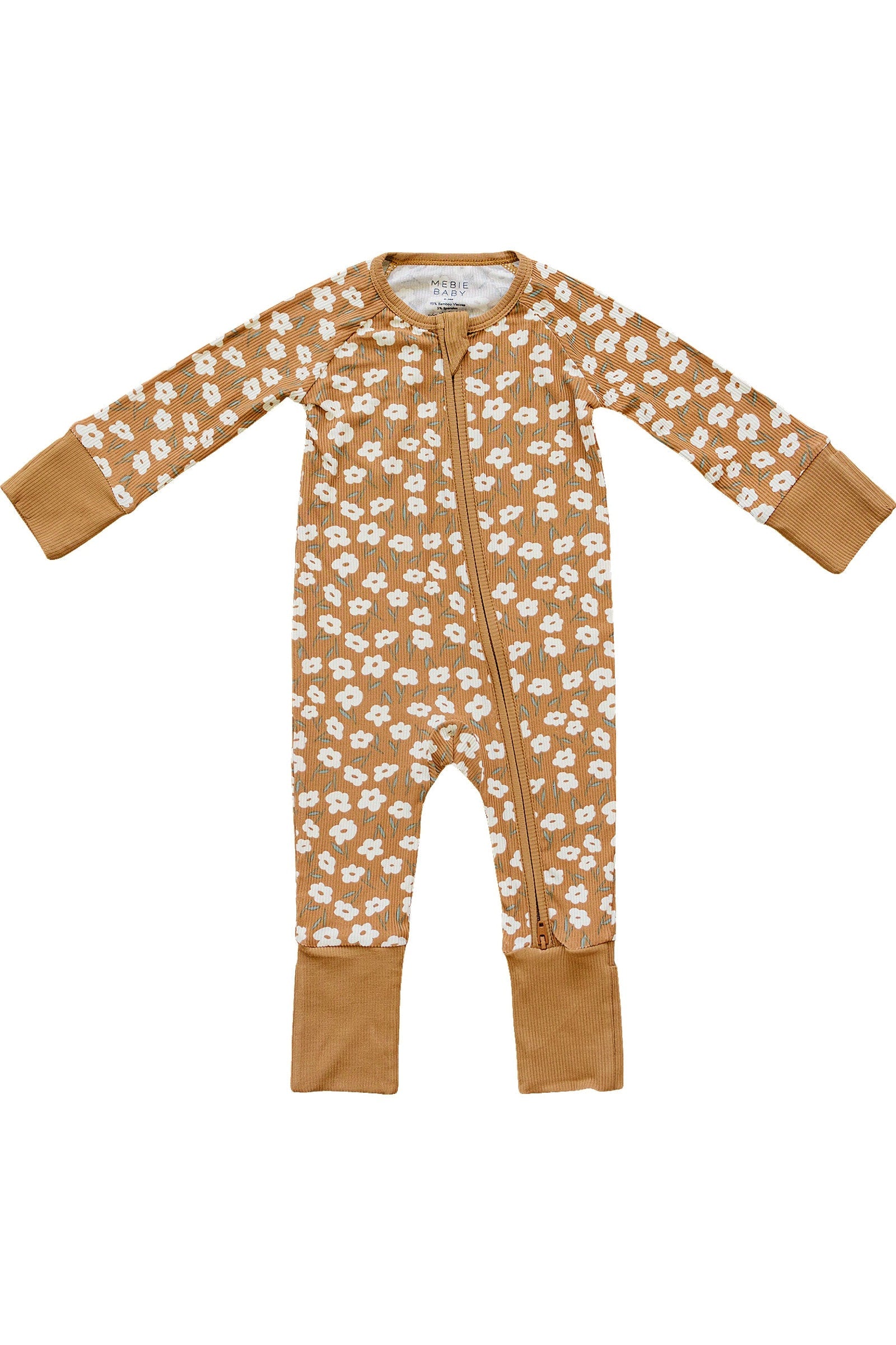 Mustard Floral Ribbed Zipper Pajama, Bamboo, Baby Essentials