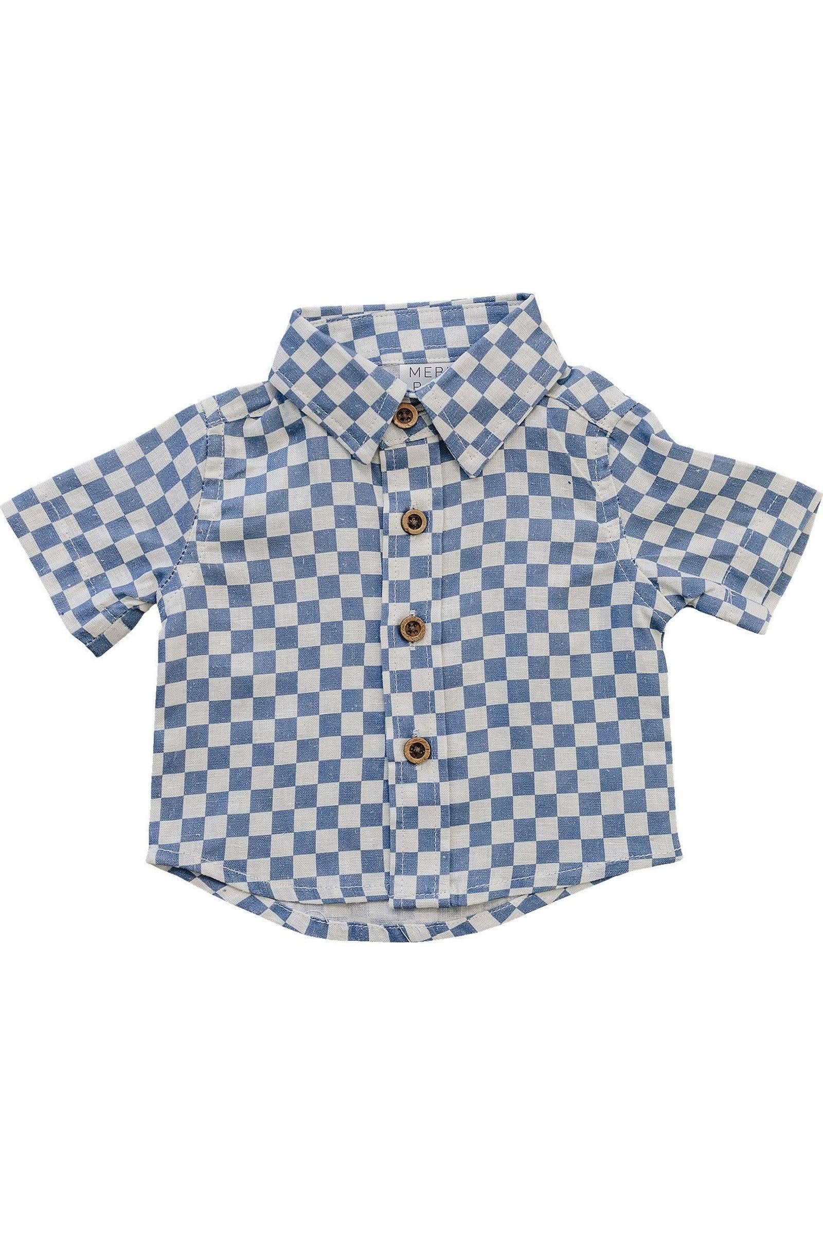 Boys Blue Checkered Linen Button Up Shirt, Baby - Kids