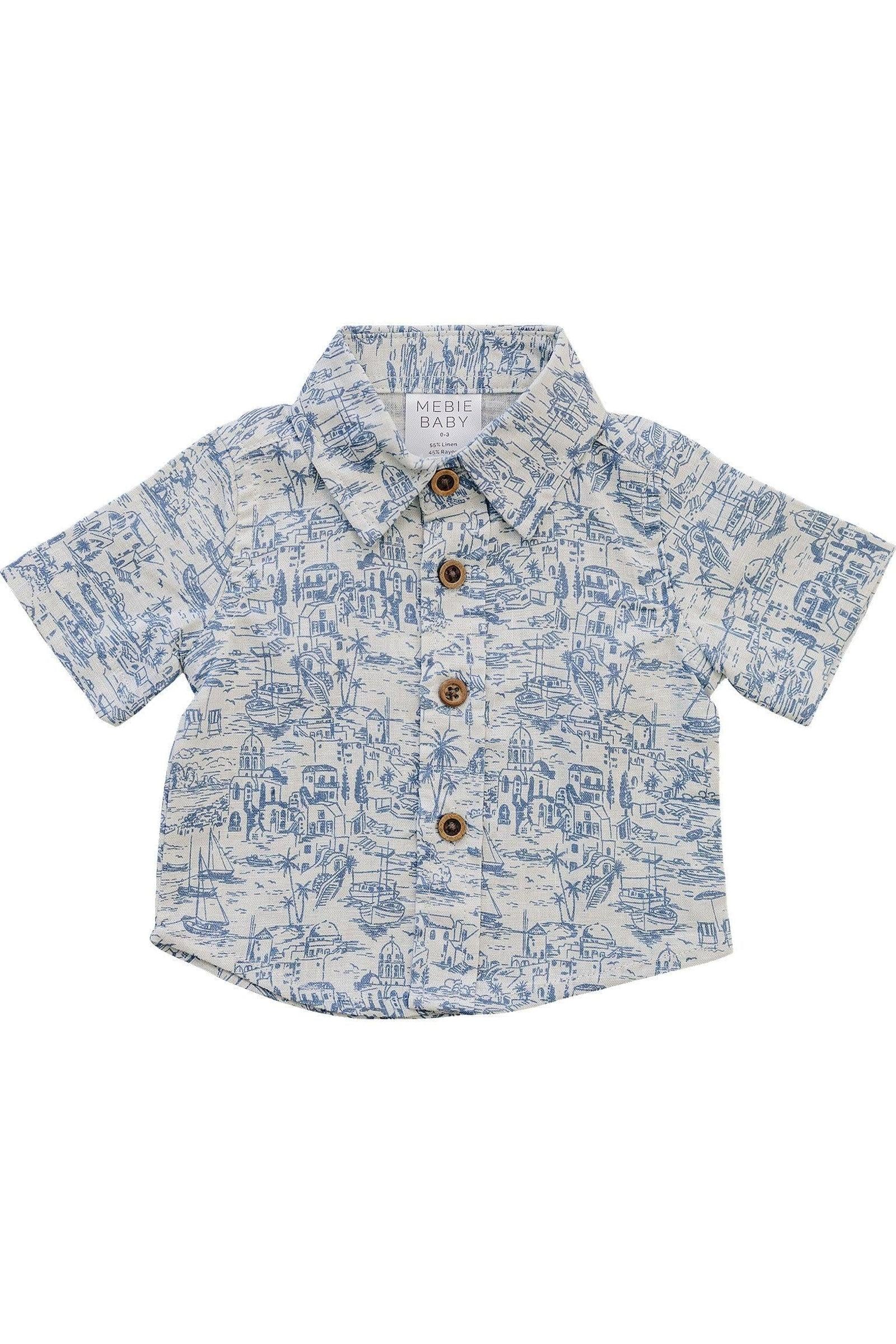 Boys Santorini Linen Button Up Shirt, Light Blue & White