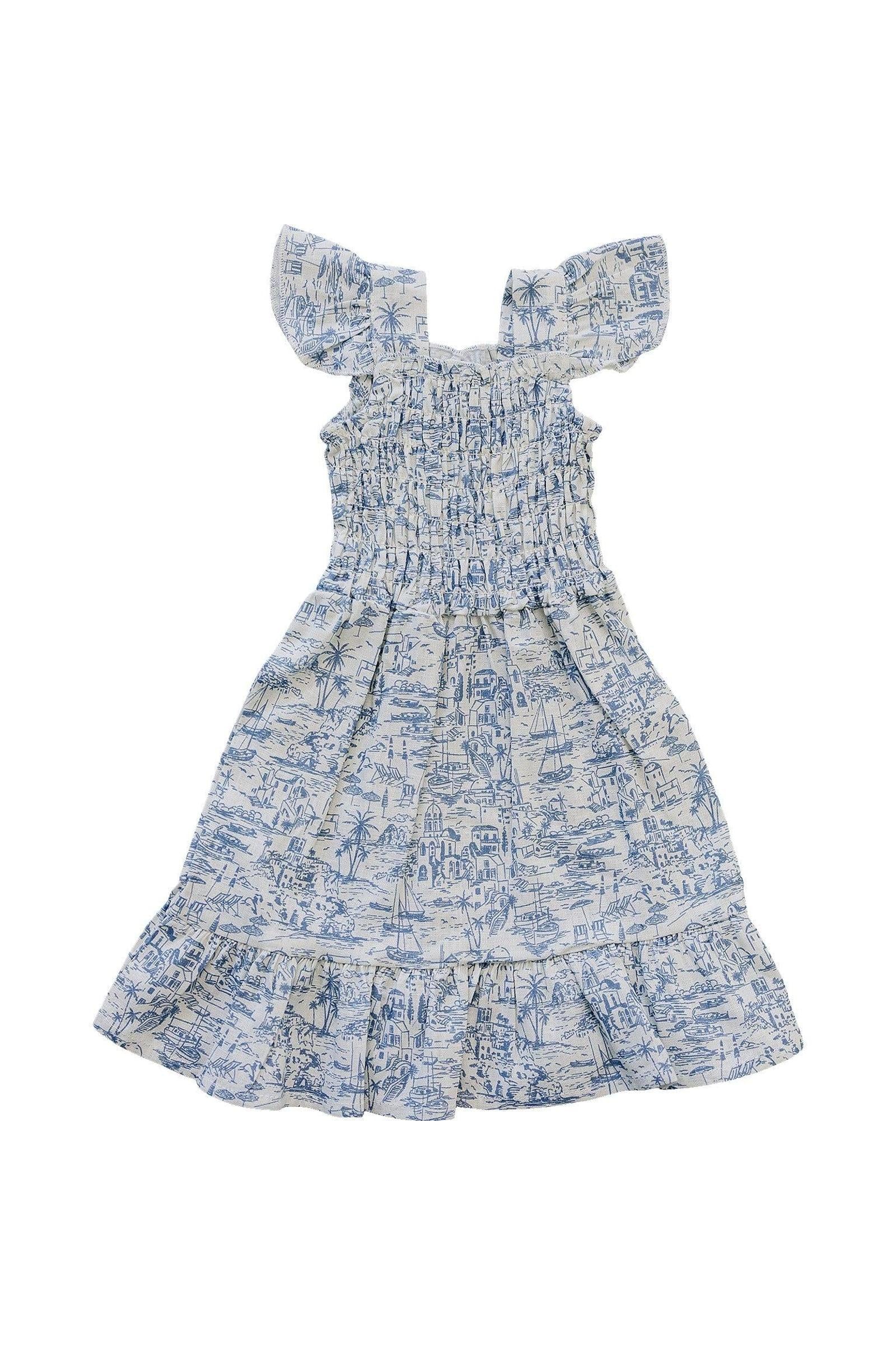 Girls Santorini Blue Linen Smocked Dress, Baby - Kids