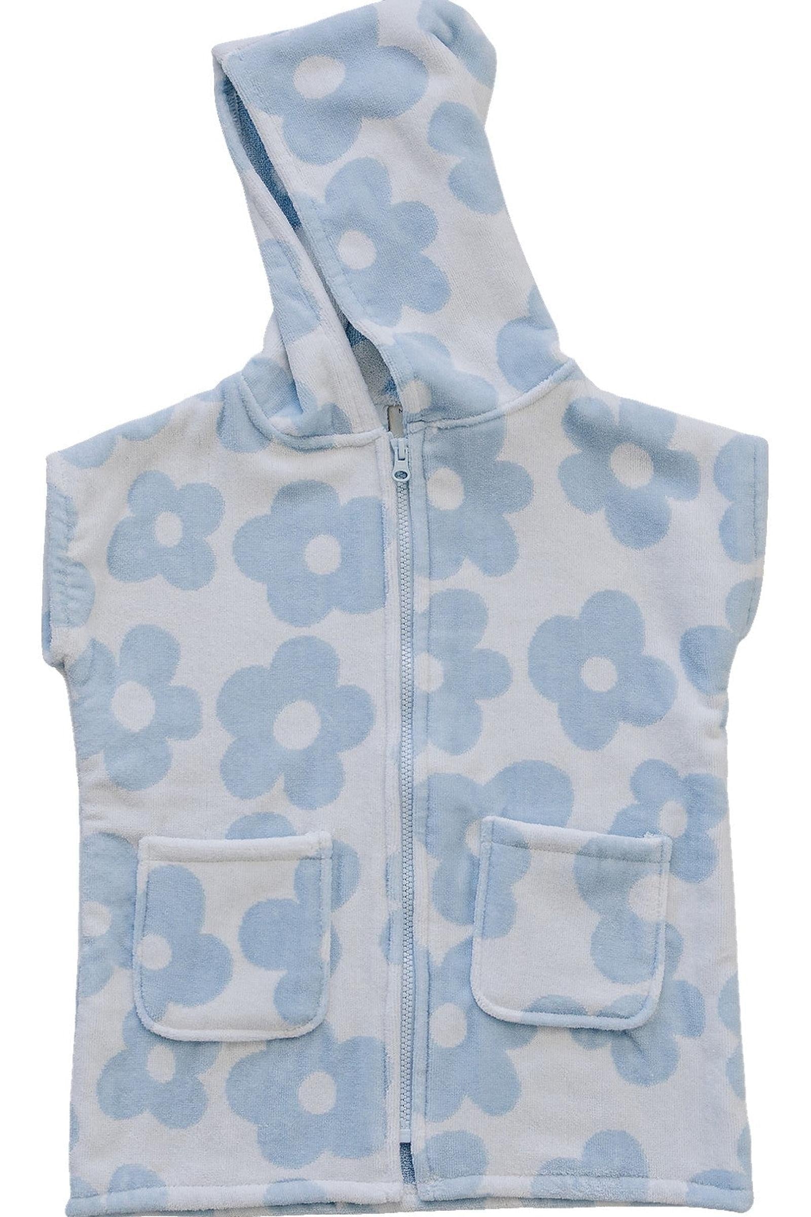 Coastal Floral Zip-Up Organic Cotton Beach Poncho, Light Blue & White