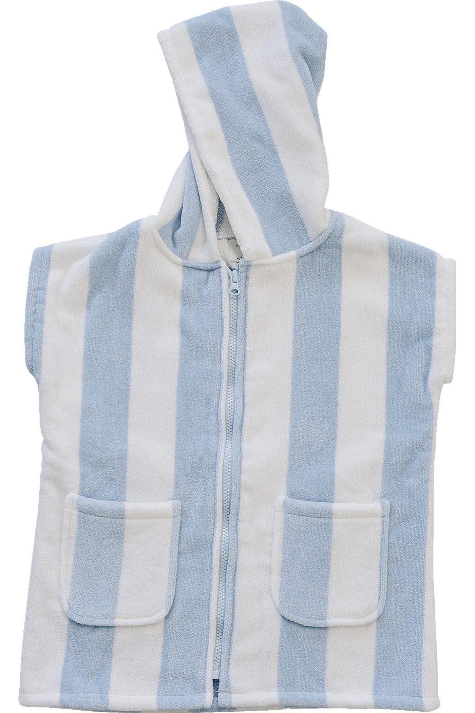 Seaside Stripe Zip-Up Organic Cotton Beach Poncho, Light Blue & White