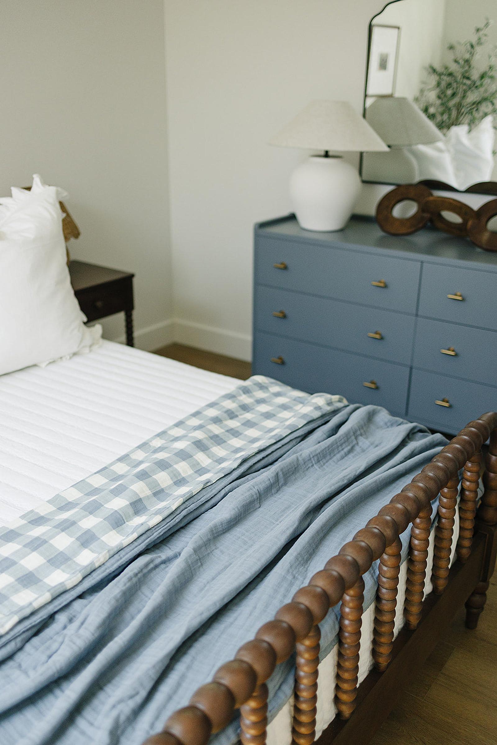 Dusty Blue Gingham Twin Muslin Quilt, 100% Cotton, Stylish, Gender Neutral, Baby