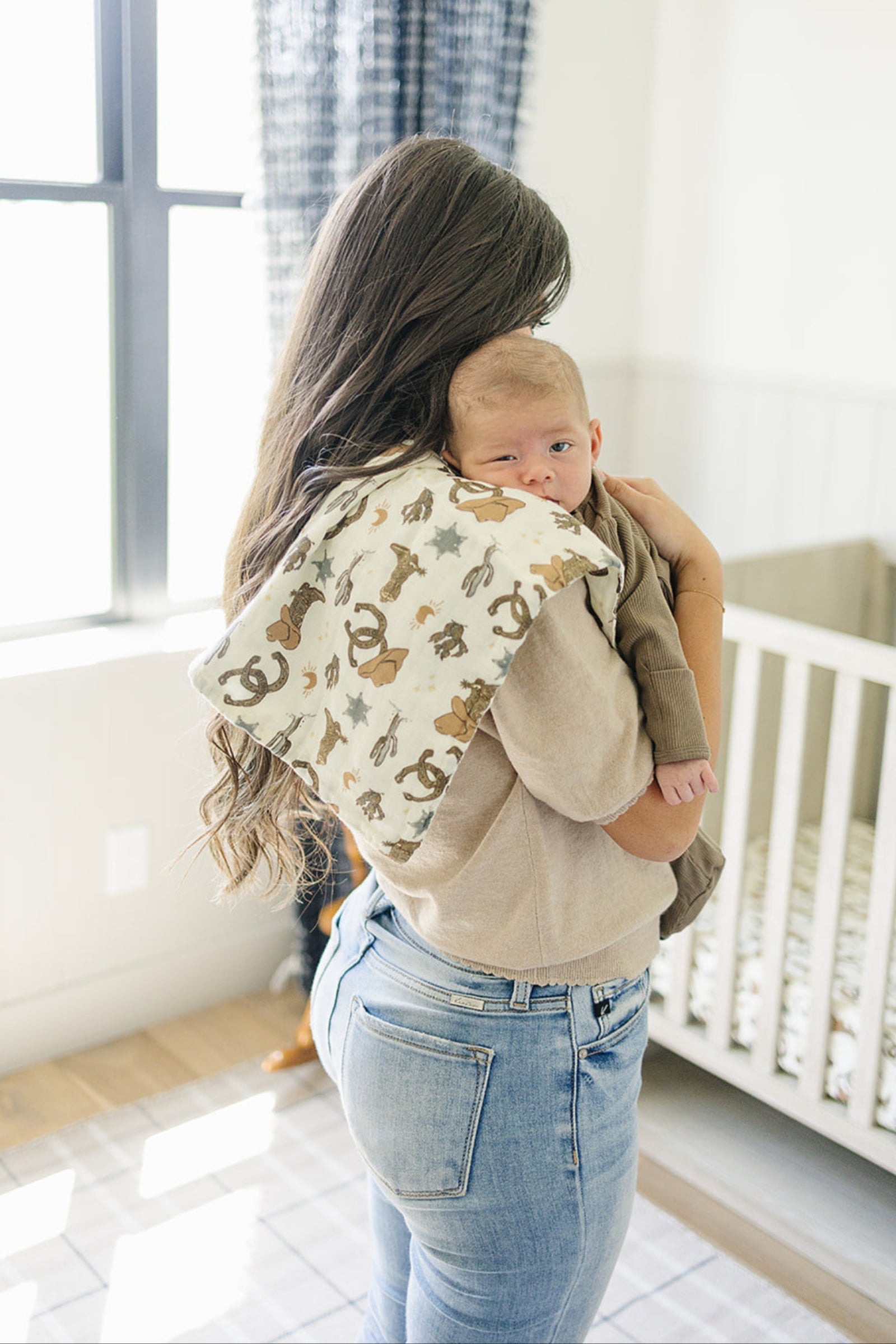 Outlaw Cowboy Muslin Burp Cloth, 100% Cotton, Rodeo Collection, Neutral Colors, Baby