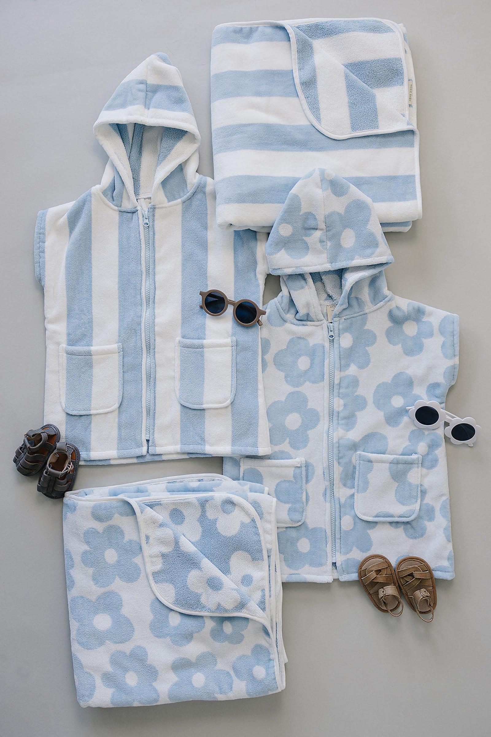 Coastal Floral Cotton Hooded Towel, Light Blue & White