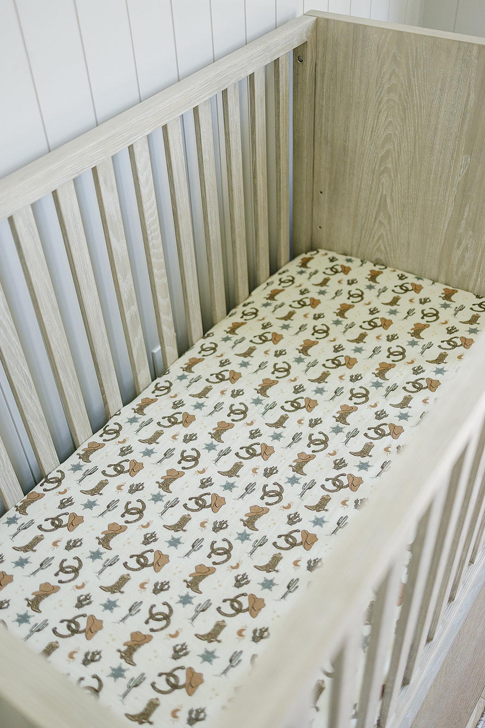 Outlaw Cowboy Muslin Crib Sheet, 100% Cotton, Rodeo Collection, Neutral Colors, Gender Neutral, Baby