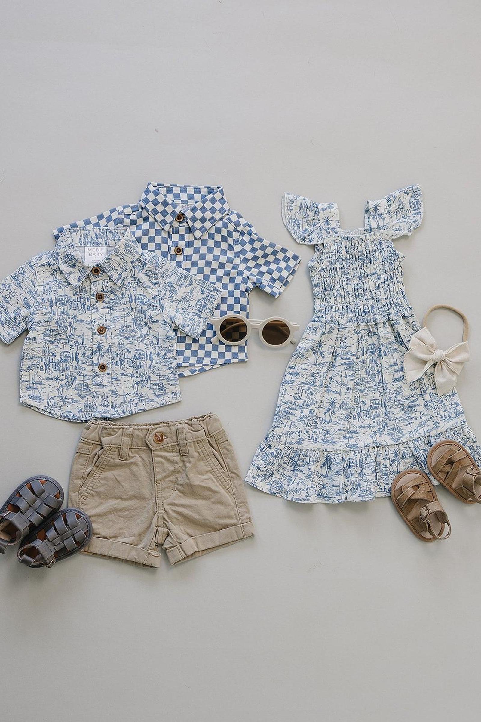Boys Blue Checkered Linen Button Up Shirt, Baby - Kids