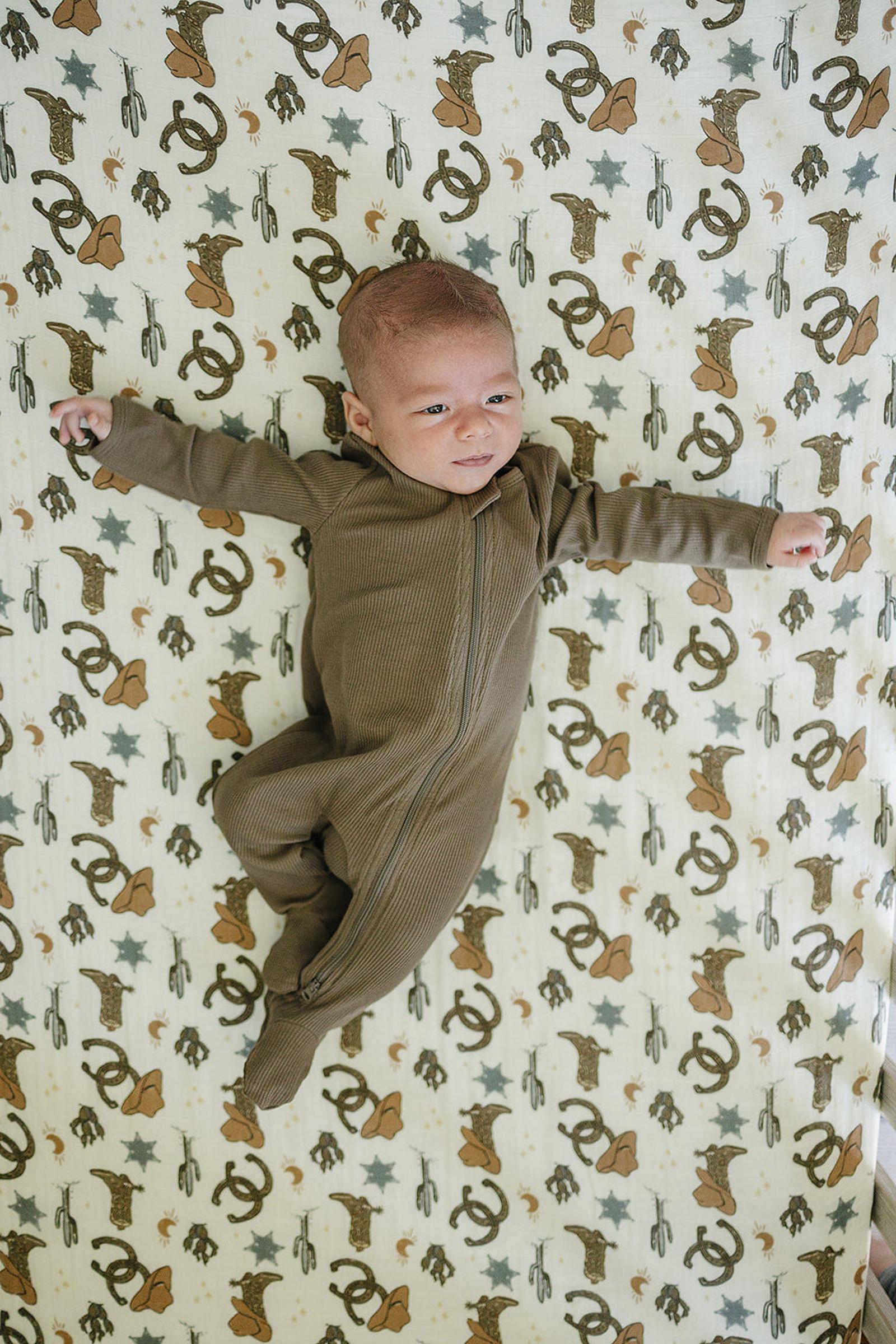 Outlaw Cowboy Muslin Crib Sheet, 100% Cotton, Rodeo Collection, Neutral Colors, Gender Neutral, Baby