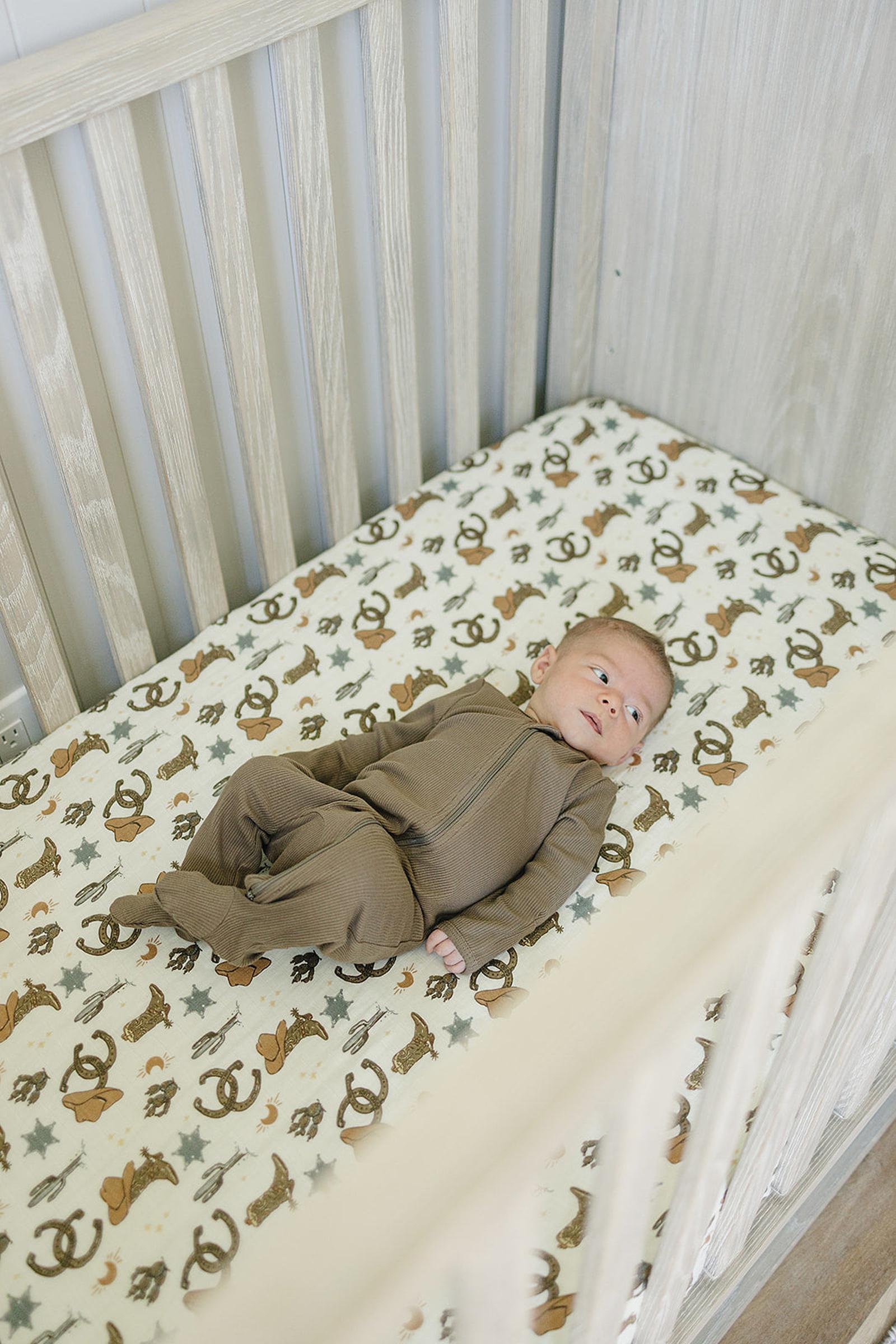 Outlaw Cowboy Muslin Crib Sheet, 100% Cotton, Rodeo Collection, Neutral Colors, Gender Neutral, Baby