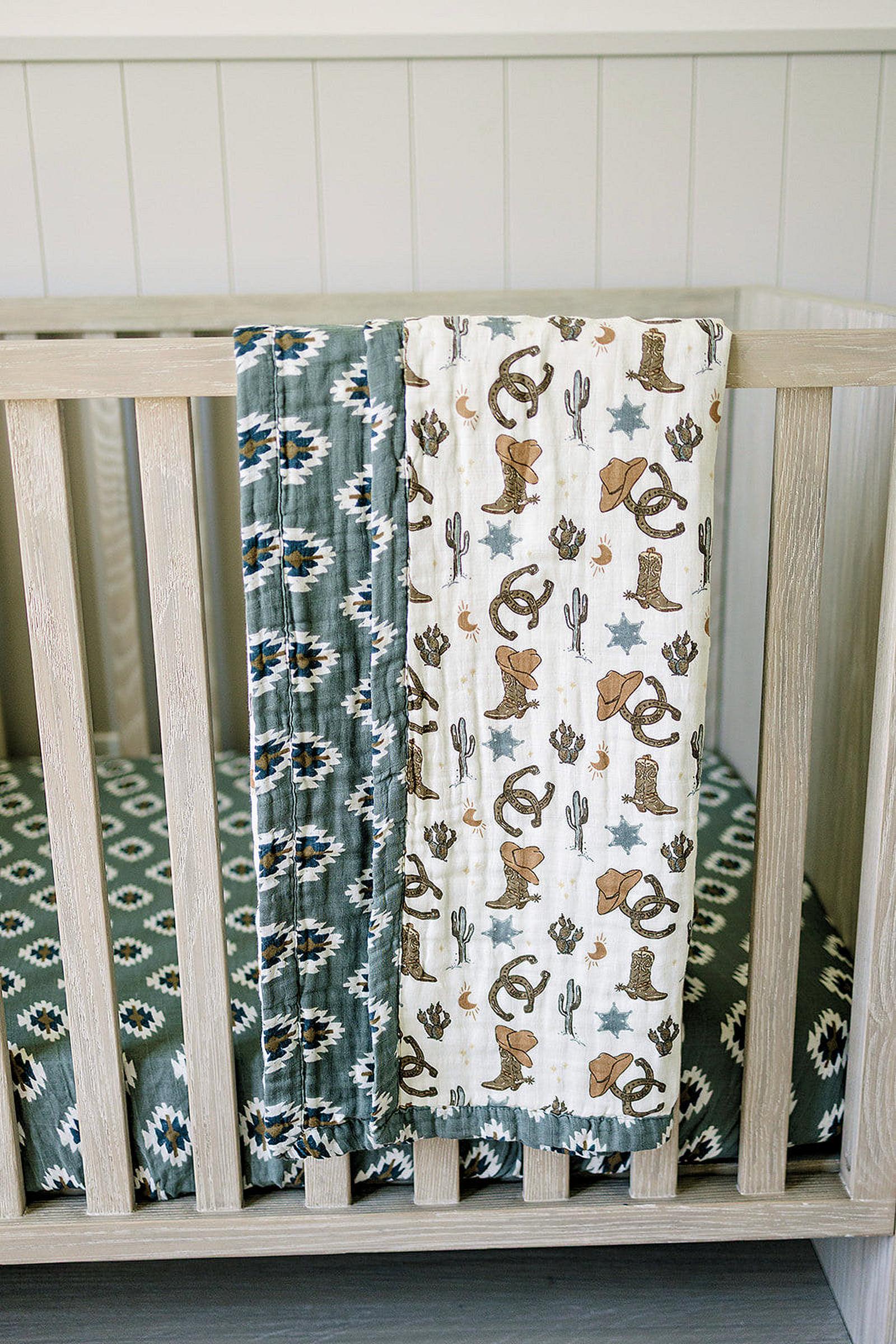 Southwest Aztec + Outlaw Cowboy Lightweight Muslin Crib Quilt, 100% Cotton, Neutral Colors, Gender Neutral, Baby