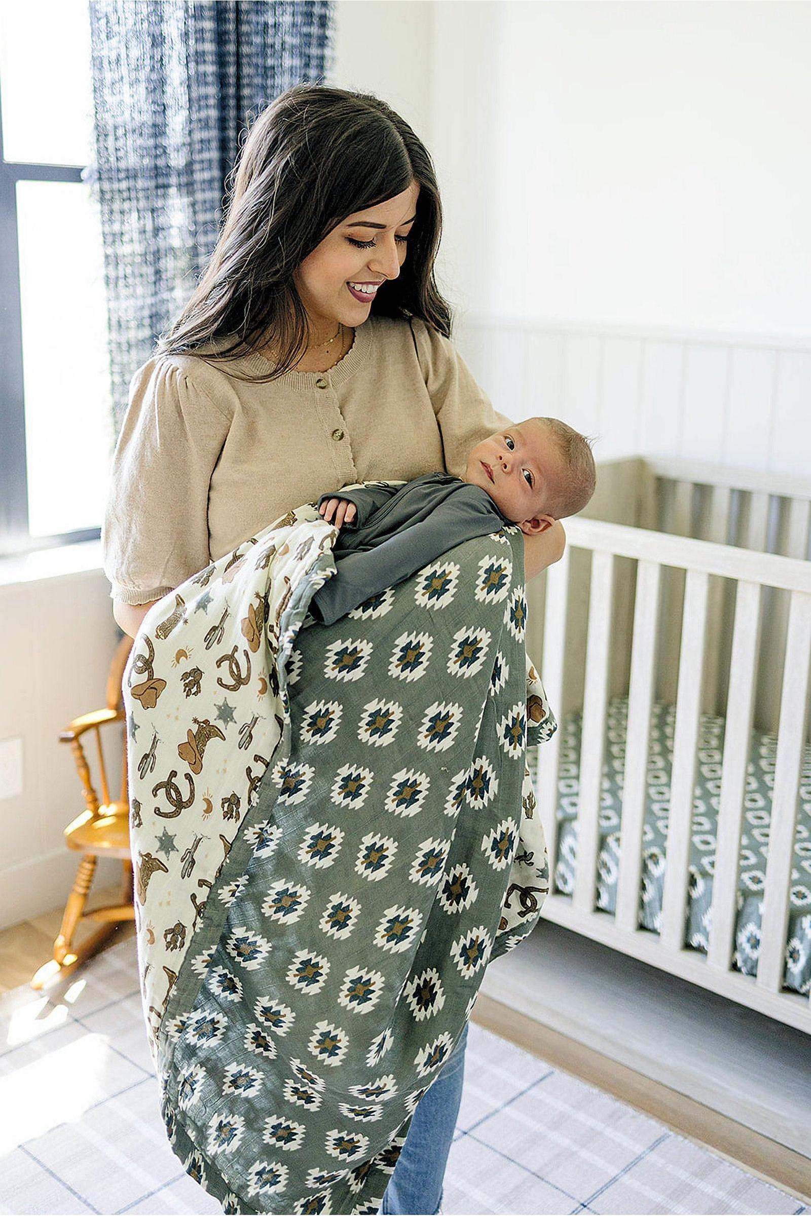 Southwest Aztec + Outlaw Cowboy Lightweight Muslin Crib Quilt, 100% Cotton, Neutral Colors, Gender Neutral, Baby