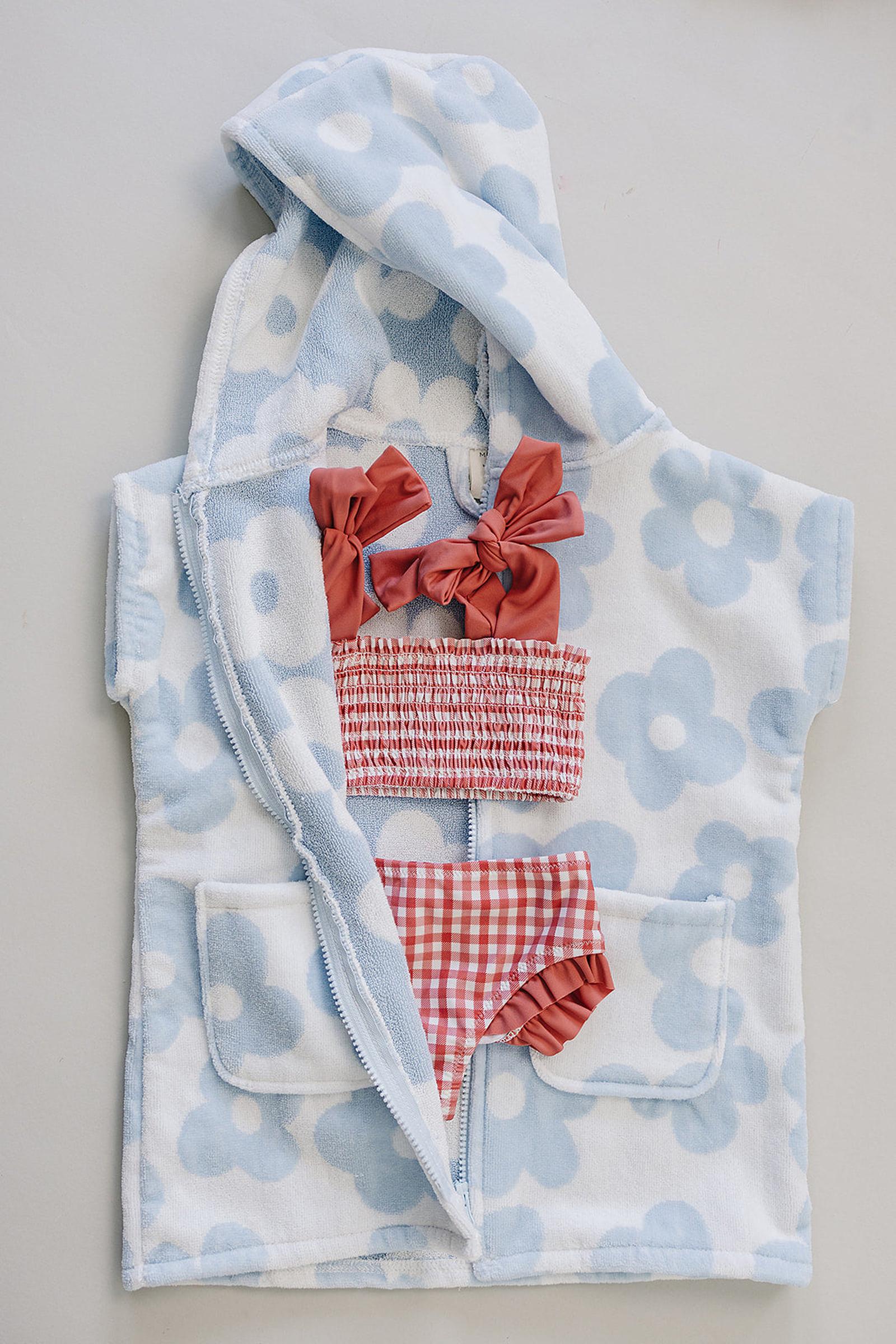 Coastal Floral Zip-Up Organic Cotton Beach Poncho, Light Blue & White