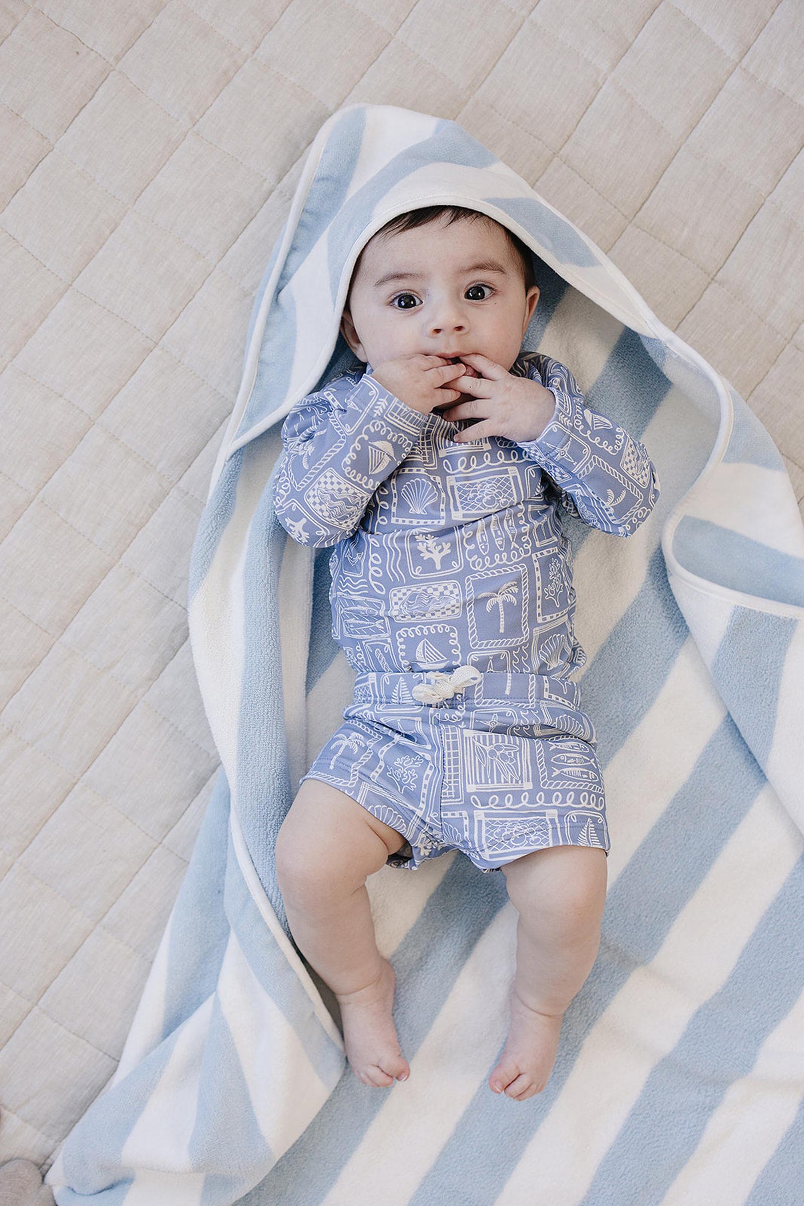 Seaside Stripe Cotton Hooded Towel, Light Blue & White