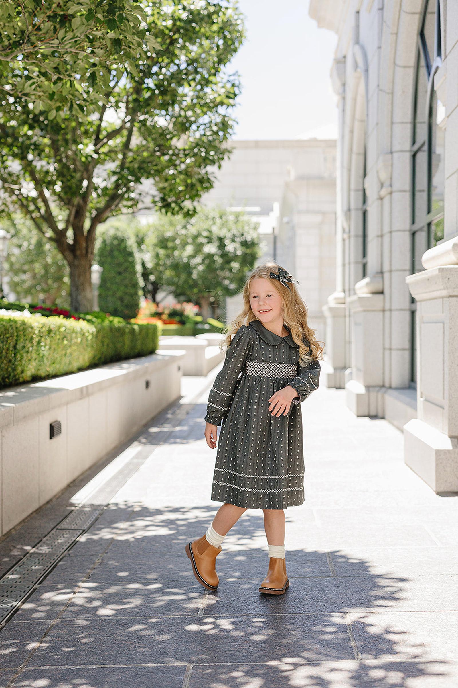 Dark Green Tulip Smocked Peter Pan Collar Dress for Girls, Cotton, Sizes 0-7