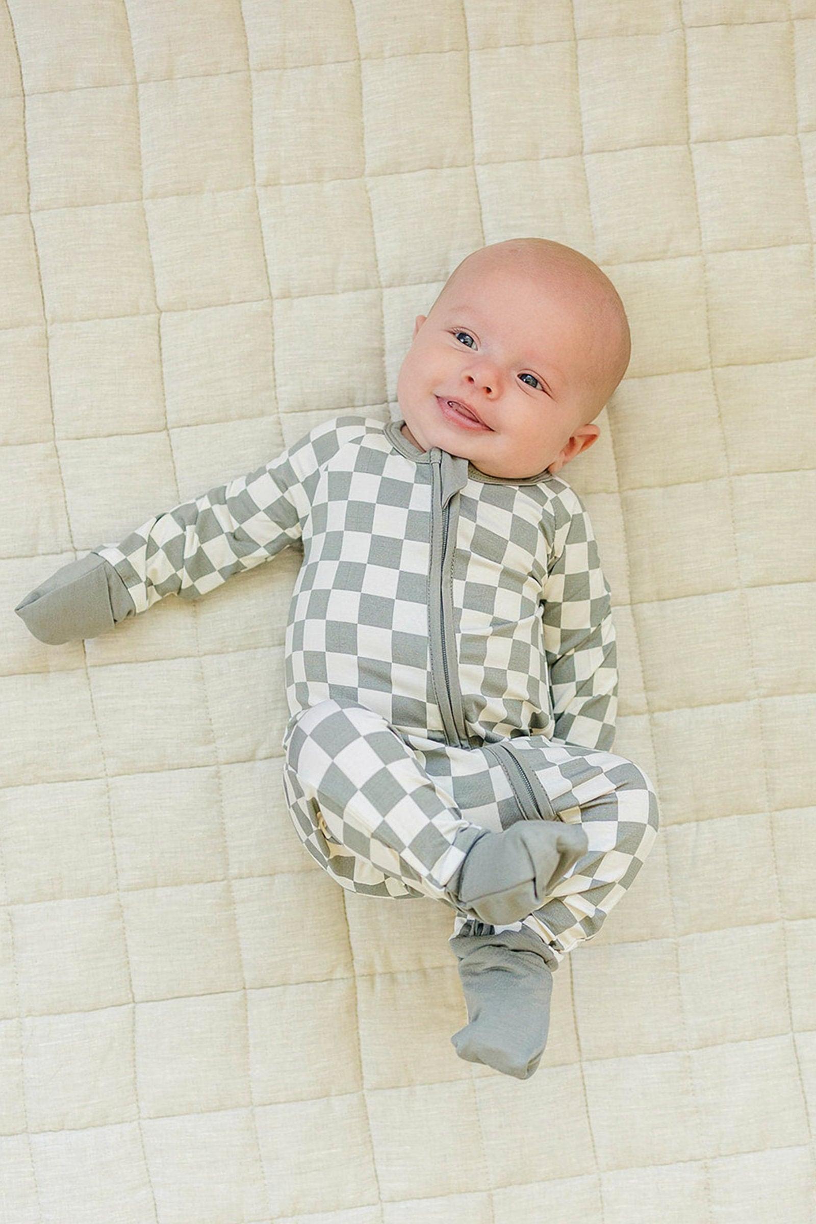 Light Green Checkered Zipper Pajama, Bamboo, Baby Essentials, Gender Neutral