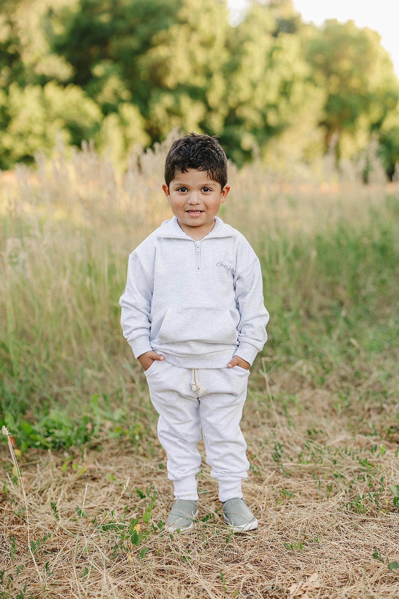 Good Vibes Quarter Zip Grey Sweatshirt Set, Cotton, Baby, Toddler & Kids