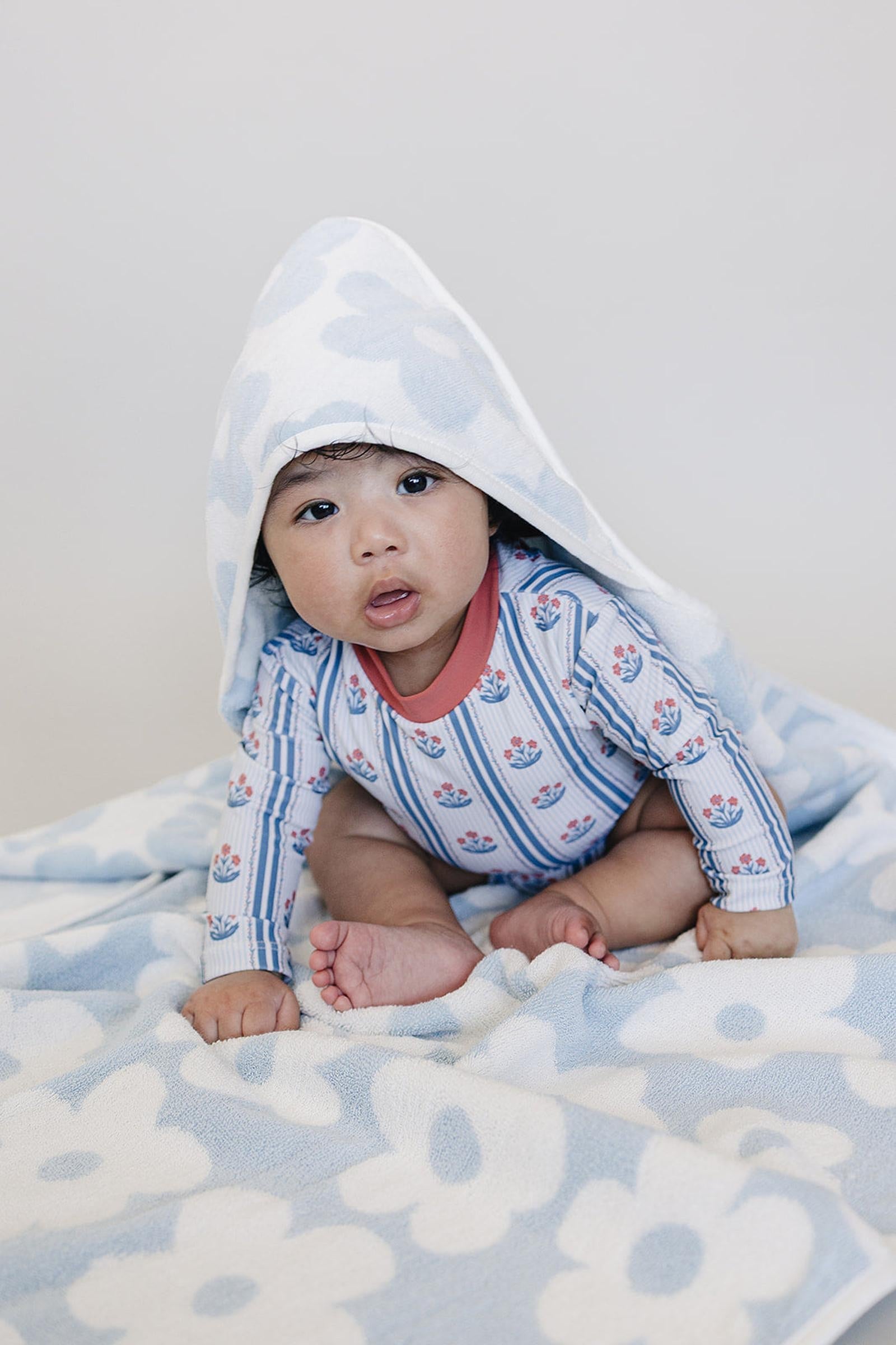 Coastal Floral Cotton Hooded Towel, Light Blue & White