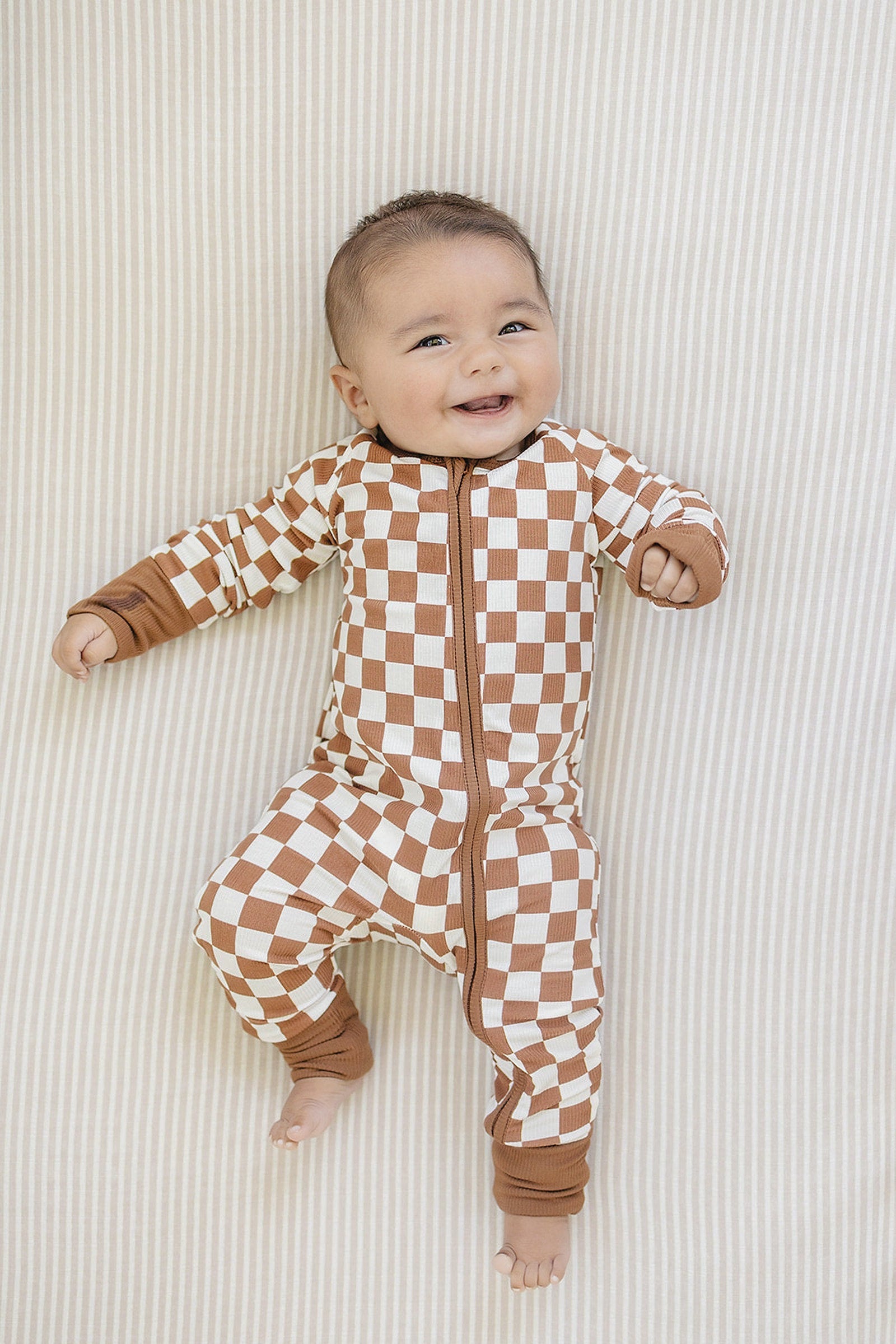 Rust Checkered Ribbed Zipper Pajama, Bamboo, Baby Essentials
