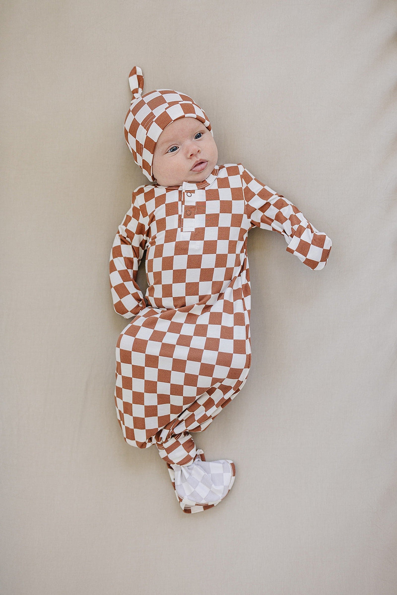 Rust Checkered Knot Gown, Bamboo, Baby Essentials