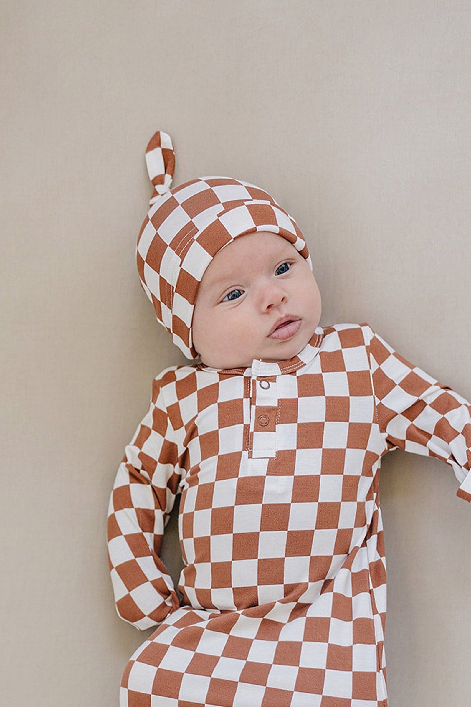 Rust Checkered Newborn Knot Hat, Bamboo, Newborn, Baby Essentials