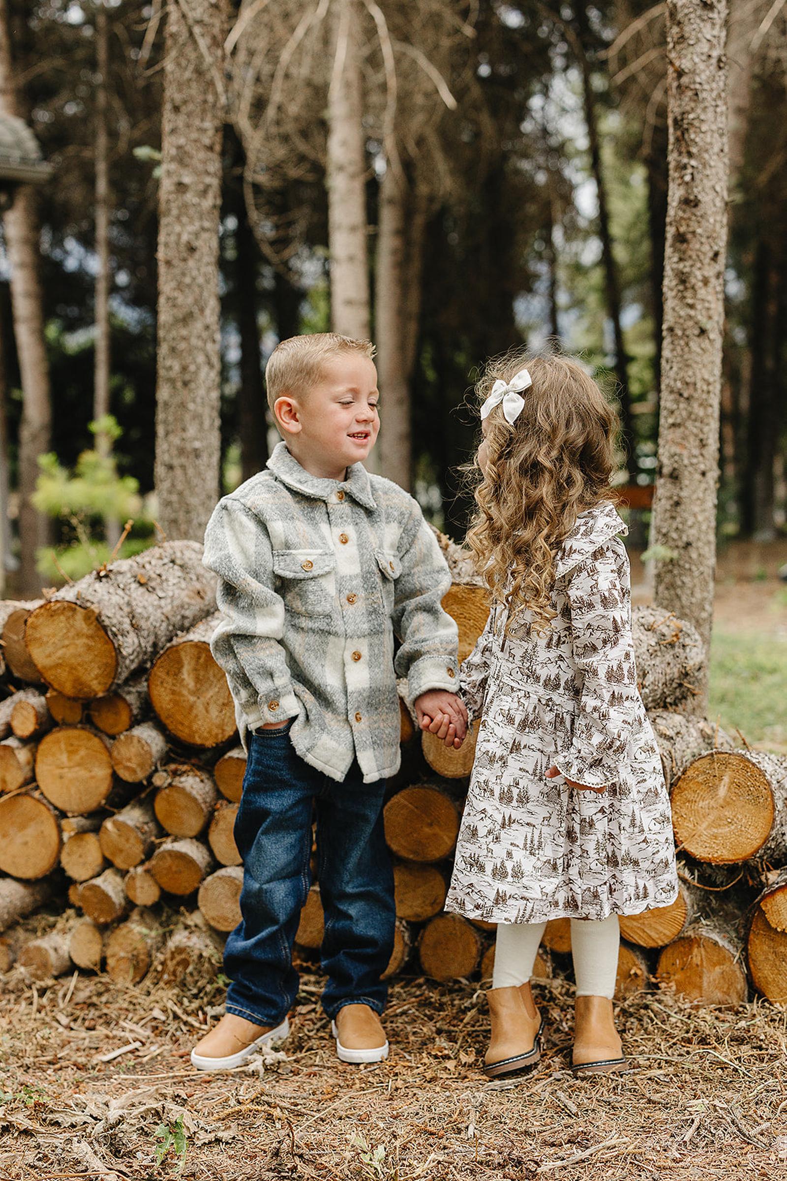 Brown Toile Long-Sleeve Dress, Cotton, Sizes 0-8