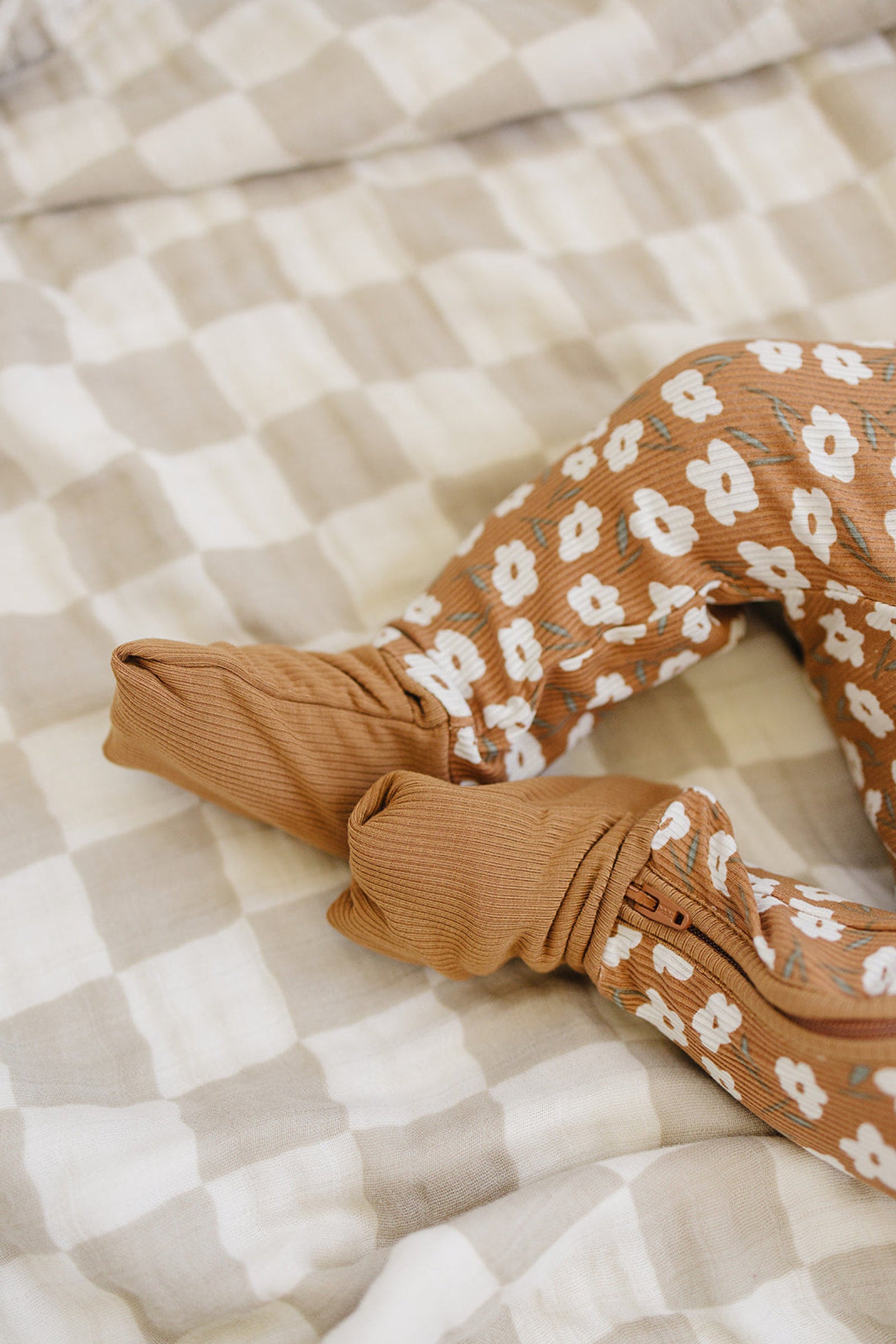 Mustard Floral Ribbed Zipper Pajama, Bamboo, Baby Essentials