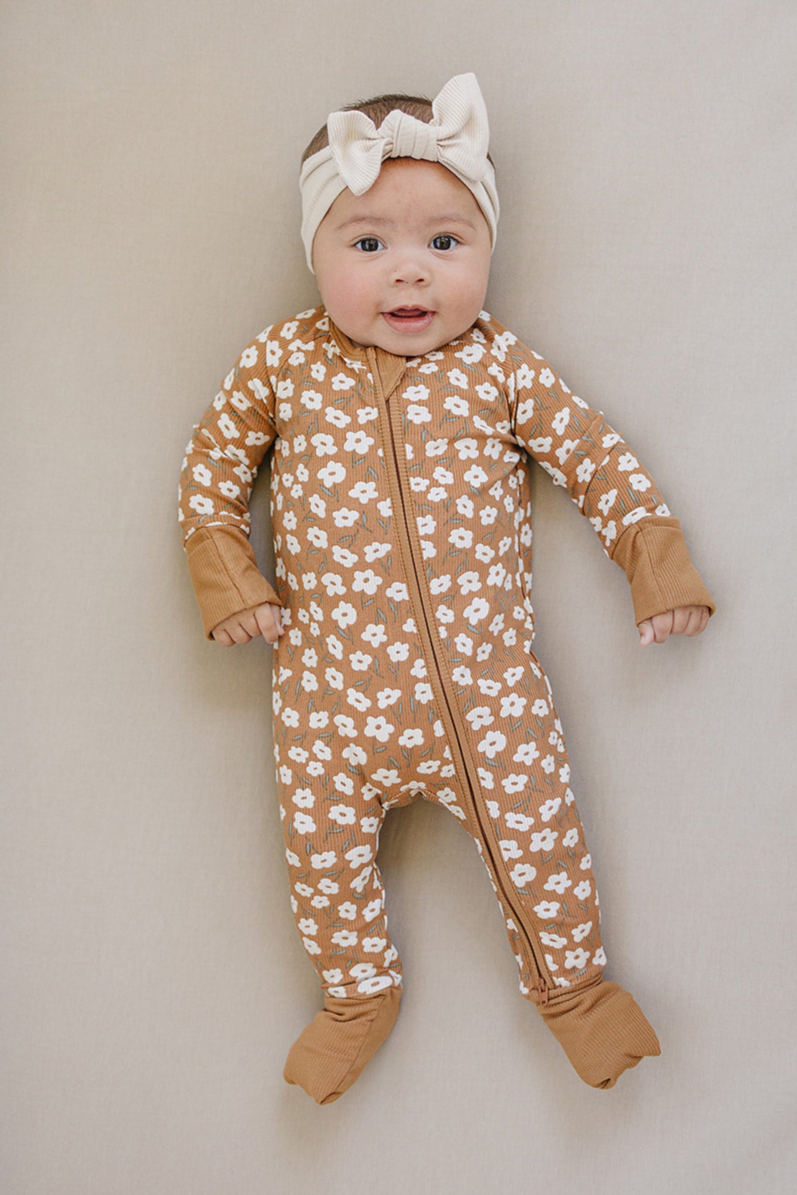 Mustard Floral Ribbed Zipper Pajama, Bamboo, Baby Essentials
