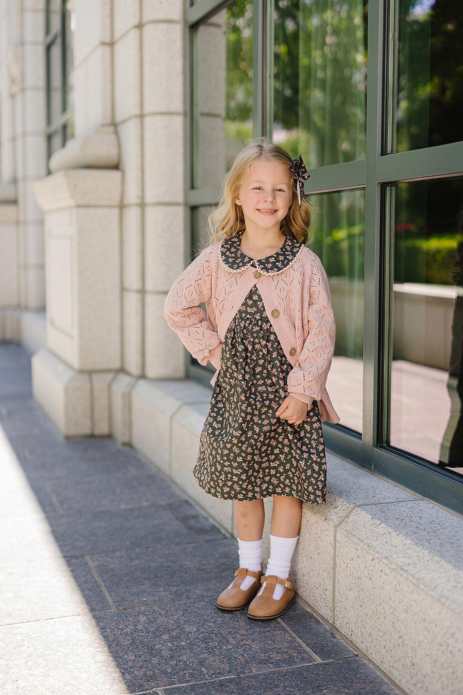 Elegant Olive Bloom Dress with Peter Pan Collar, Cotton, Sizes 2-7