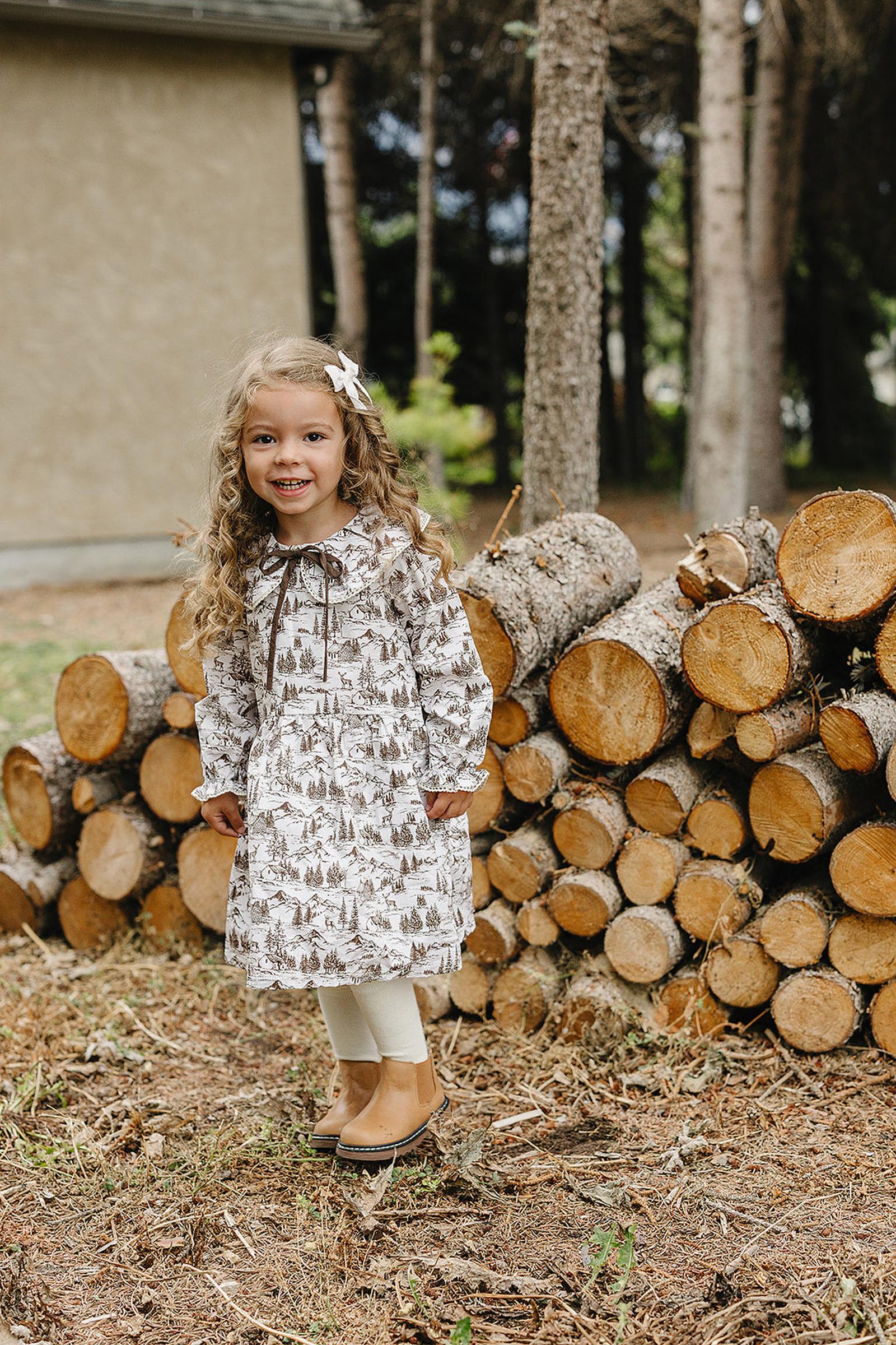 Brown Toile Long-Sleeve Dress, Cotton, Sizes 0-8