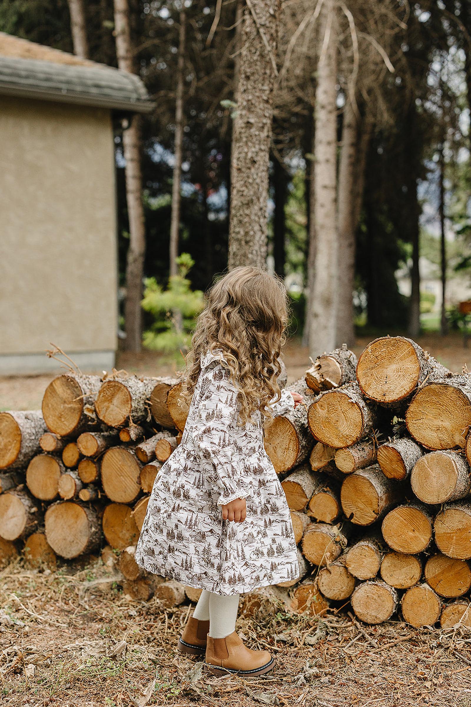 Brown Toile Long-Sleeve Dress, Cotton, Sizes 0-8