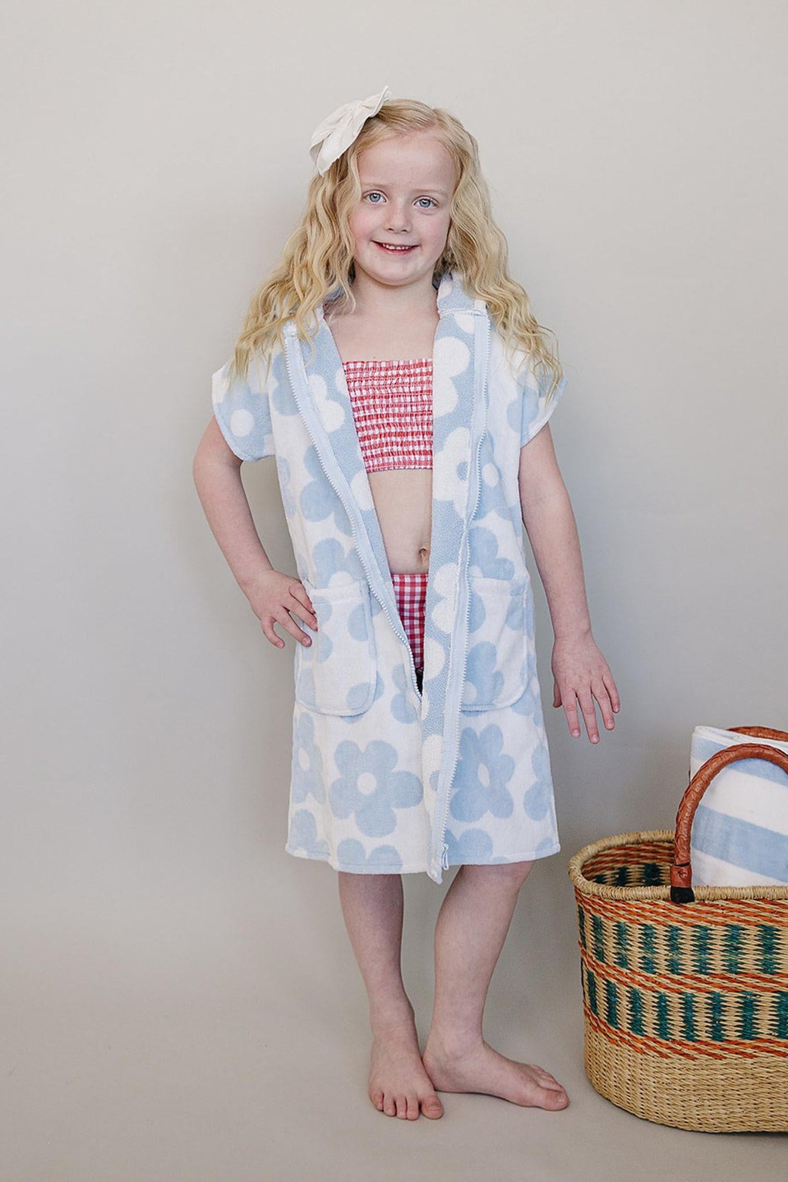 Coastal Floral Zip-Up Organic Cotton Beach Poncho, Light Blue & White