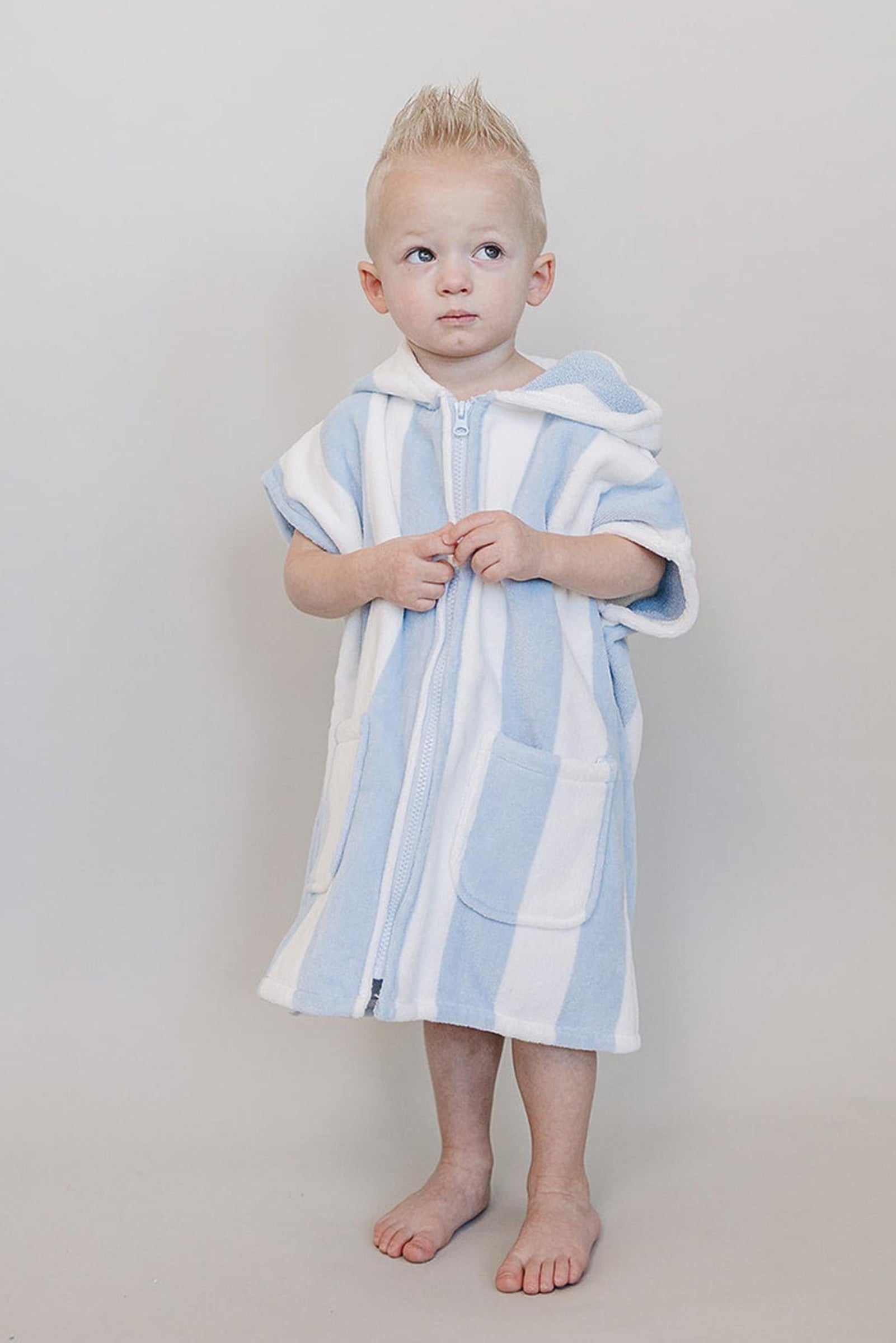 Seaside Stripe Zip-Up Organic Cotton Beach Poncho, Light Blue & White