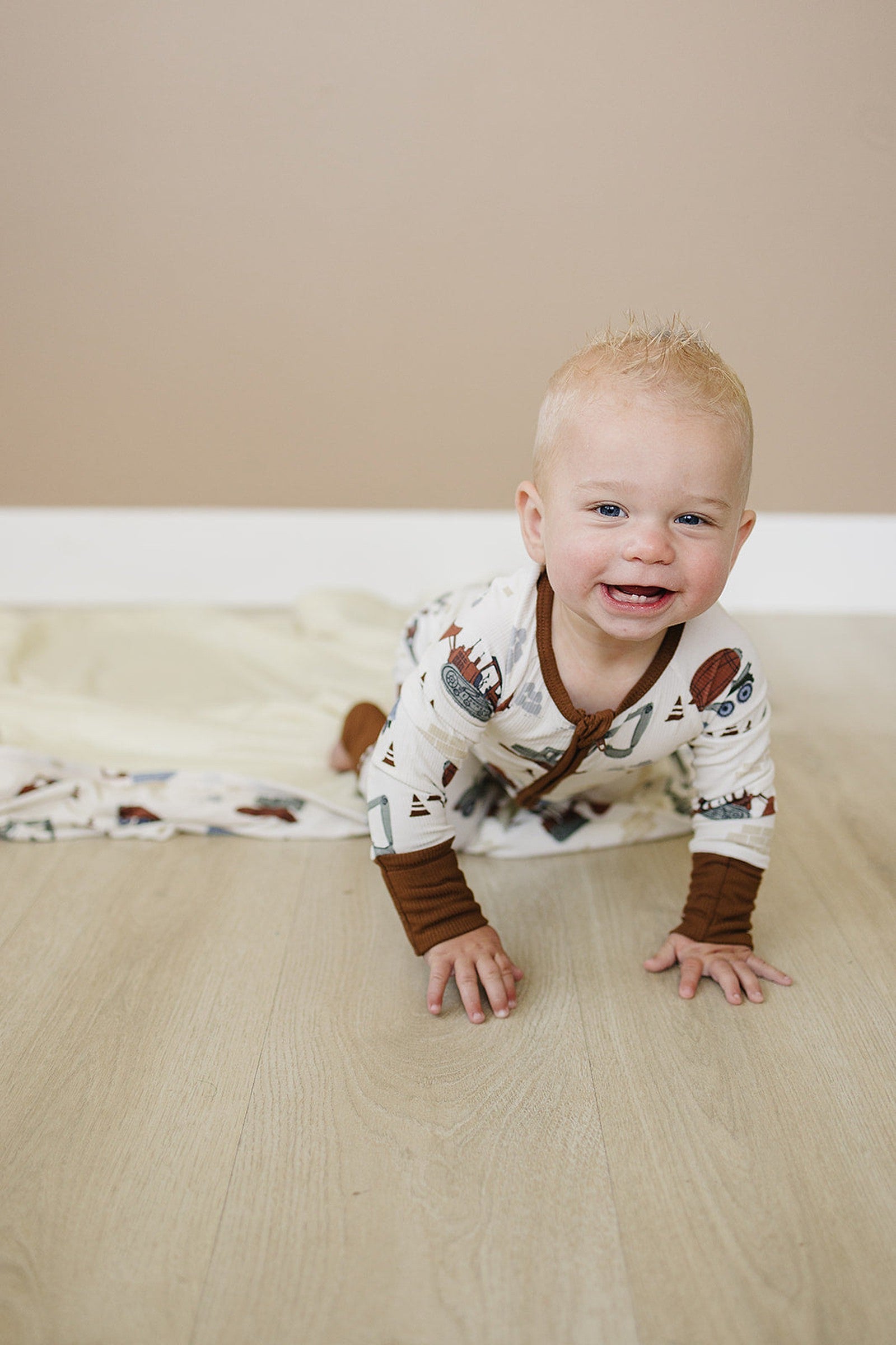 Construction Trucks Ribbed Zipper Pajama, Bamboo, Baby Essentials