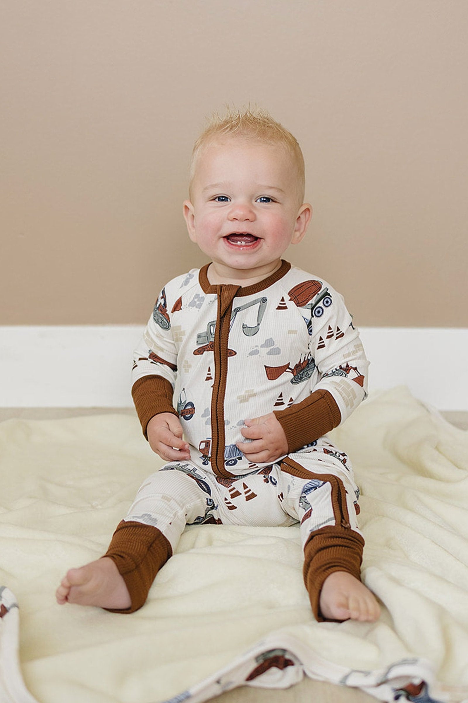 Construction Trucks Ribbed Zipper Pajama, Bamboo, Baby Essentials