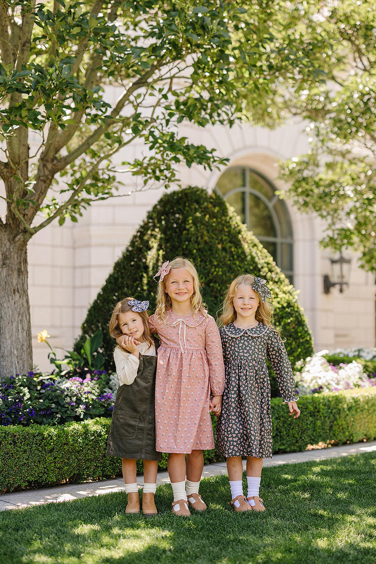 Elegant Olive Bloom Dress with Peter Pan Collar, Cotton, Sizes 2-7